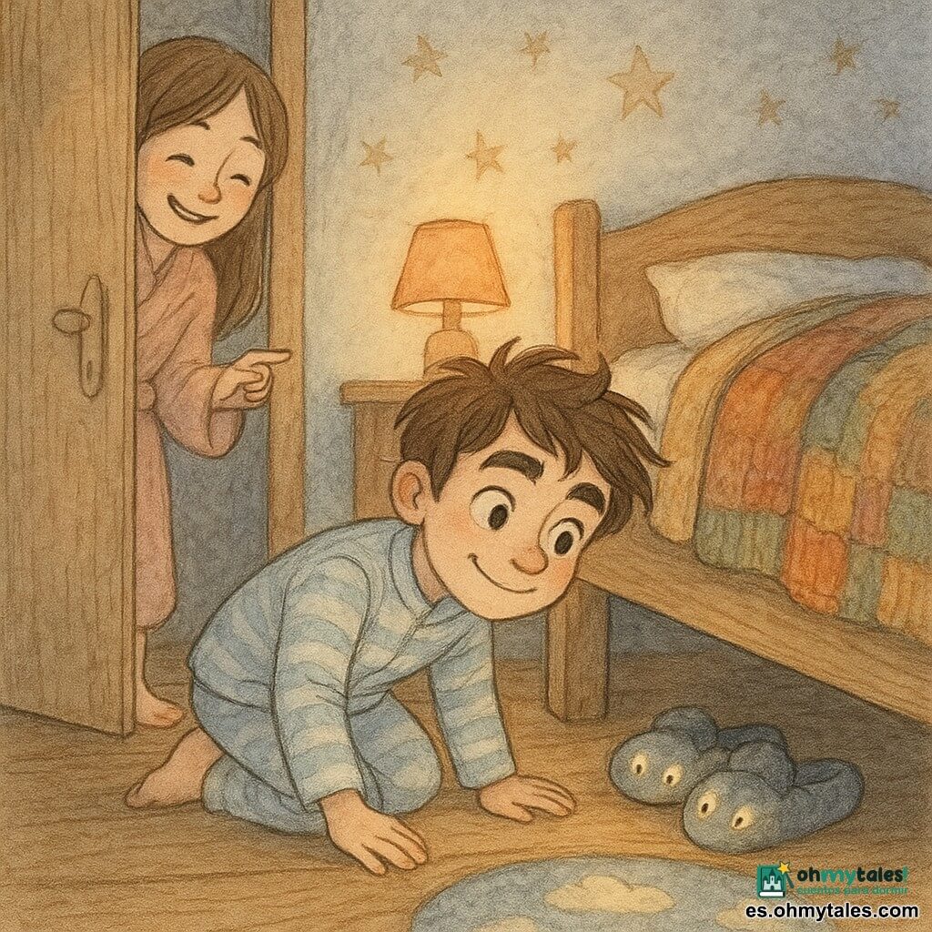Niño de 10 años sonriente y tranquilo, ojos brillantes y cejas expresivas como olas, pelo castaño despeinado, pijama a rayas azul claro, sentado al borde de una cama de madera mirando debajo; su hermana de unos 12 años, pelo castaño y bata rosa, asomada tras la puerta entreabierta riendo y señalando; unas pantuflas estrelladas y peludas con ojos luminosos están bajo la cama; suelo de tablas cálidas, manta de punto colgando y una alfombra redonda con nubes; ambiente nocturno y acogedor con luz naranja tenue, sombras suaves y estrellas en la pared; momento tierno y divertido antes de dormir: el niño descubre las pantuflas “monstruo” y sonríe; estilo: líneas finas, textura de lápiz visible, acuarela ligera en pasteles, contrastes suaves y expresiones exageradas y amables.