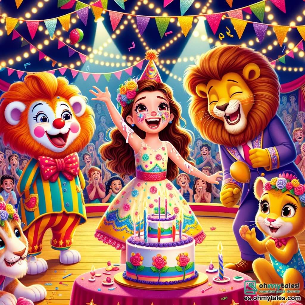 Una niña de 12 años, Lucía, con el cabello castaño desordenado y ojos brillantes de alegría, está en el centro del escenario, cubierta de crema de pastel y riendo a carcajadas. Lleva un vestido colorido con motivos de circo, y sus mejillas están ligeramente sonrojadas de emoción. A su lado, un payaso alegre llamado Coco, de unos 30 años, con una gran nariz roja y un traje multicolor, hace muecas mientras malabares con pelotas. Un domador de animales, Tomás, de 25 años, está al fondo, sonriendo orgulloso, con un elefante decorado con flores y un león con corbata a su lado. La escena tiene lugar bajo una gran carpa de circo, llena de luces brillantes y colores vivos, con espectadores maravillados aplaudiendo alrededor. Lucía, en medio del espectáculo, lanza confeti al aire, celebrando el éxito de su número de desfile de animales, con risas y aplausos resonando en el aire.