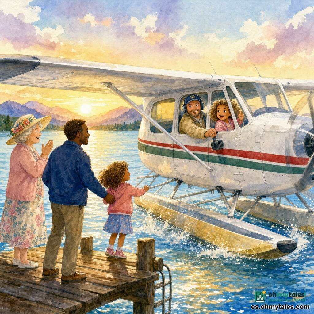 Piloto sonriente y confiado, rostro redondo con incipiente barba, gorra azul y chaqueta beige, sostiene el timón de su pequeño hidroavión blanco con franjas rojas y verdes; a su derecha, una niña de unos 6 años, rizos dorados y ojos asombrados, sentada junto a la ventanilla tocando el cristal y sonriendo; un hombre de unos 35 años, padre, con el pelo corto y chaqueta azul marino, de pie en el embarcadero junto a la escala sujetando la mano de la niña listo para bajar; a la izquierda, una mujer de unos 60 años con sombrero floral aplaude suavemente en el muelle; escenario: lago azul al amanecer, montañas suaves al fondo, viejo embarcadero de madera, reflejos en el agua y pequeñas olas; el hidroavión acaba de iniciar el aterrizaje con salpicaduras doradas alrededor de los flotadores, movimiento suave y atmósfera tranquila y alegre en tonos pastel con efecto acuarela difuso.