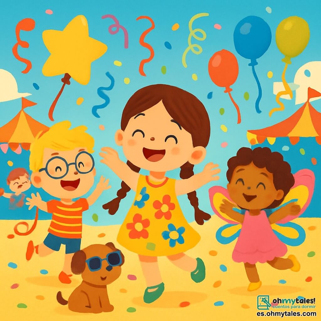 Hay 4 personajes: - Sofía: Una niña de 6 años, con largos cabellos castaños y trenzas. Lleva un vestido colorido con motivos de flores y una gran sonrisa. Está bailando alegremente en el centro de la imagen. - Leo: Un niño de 6 años, con el cabello rubio despeinado y gafas. Está vestido con una camiseta a rayas y un pantalón corto azul. Salta de alegría a la izquierda de Sofía, sosteniendo un globo en forma de estrella. - Una niña con alas de mariposa: Una niña de 5 años, con cabello rizado y un vestido rosa. Tiene alas multicolores y sonríe agitando los brazos, situada a la derecha de Sofía. - Un perro con gafas: Un pequeño perro marrón, sentado en el suelo, usando gafas de sol. Mira a los niños con una expresión alegre, situado justo frente a Leo. El lugar es una fiesta de carnaval vibrante, llena de colores brillantes. Globos flotan en el cielo azul, serpentinas vuelan por el aire y confeti cae a su alrededor. En el fondo, hay puestos decorados con guirnaldas luminosas y niños riendo y bailando. La situación principal muestra a los niños buscando un tesoro de carnaval, rodeados de música y risas, emocionados y con ojos brillantes de alegría, listos para descubrir sorpresas coloridas.
