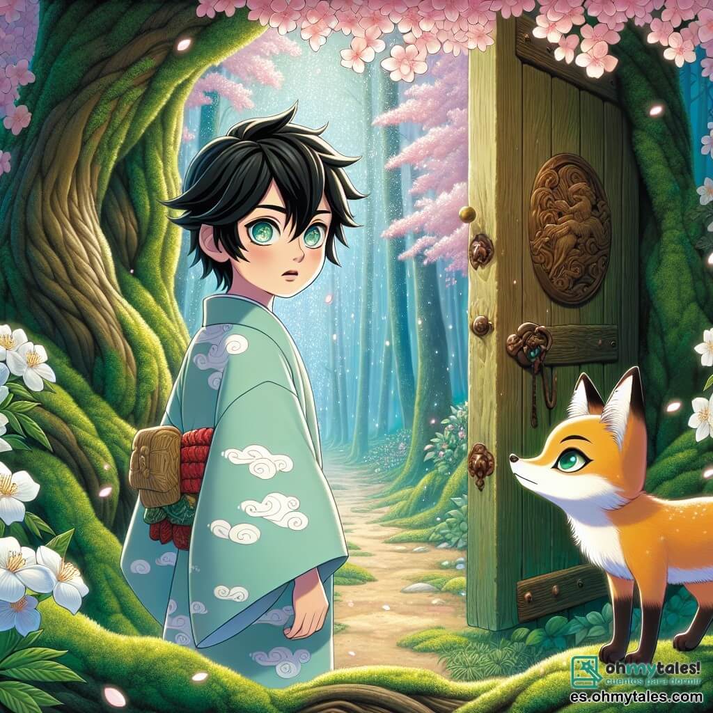 En el centro de la imagen, Hiroshi, un niño de 12 años con cabello negro y ojos llenos de curiosidad, está de pie en un camino de flores de cerezo. Lleva un kimono azul claro decorado con patrones de nubes, y su rostro expresa una determinación mezclada con asombro mientras mira una antigua puerta de madera cubierta de musgo que se abre ante él. A su derecha, Kitsu, un zorro de pelaje dorado brillante, se encuentra en una postura elegante, con sus ojos traviesos fijos en Hiroshi, como si lo animara a entrar en el mundo mágico. El escenario es un bosque encantado, bañado en luz suave, con árboles de troncos retorcidos y hojas brillantes. Flores de cerezo caen suavemente a su alrededor, creando una atmósfera de cuento de hadas. La situación principal muestra a Hiroshi, listo para cruzar la puerta misteriosa, mientras Kitsu le ofrece una mirada cómplice, sugiriendo que la aventura que le espera más allá de esa puerta estará llena de magia y descubrimientos.