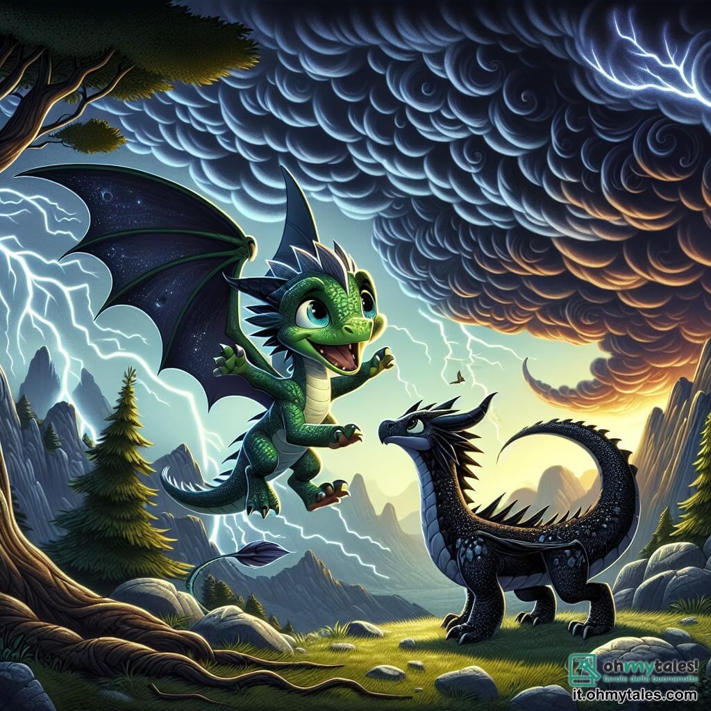 Un giovane drago di nome Drakus, con squame verdi brillanti e occhi pieni di curiosità, vola con entusiasmo sopra una valle tempestosa, il suo volto esprimendo una determinazione gioiosa. Dispiegando le ali con grazia, sfida i forti venti che spirano attorno a lui. Vicino, Tempesta, un grande drago nero con squame scintillanti come la notte, si trova su una roccia, osservando Drakus con uno sguardo fiero e intrigato, le ali ripiegate, pronto a incoraggiarlo nella sua ricerca. Il paesaggio è una valle selvaggia, dove nuvole scure vorticano nel cielo, creando un'atmosfera misteriosa ed elettrizzante, con fulmini che illuminano il terreno accidentato sottostante, dove alberi contorti e rocce scoscese si ergono fieramente. La situazione principale mostra Drakus, il giovane drago, che sfida coraggiosamente la tempesta per dimostrare il suo valore, mentre il drago nero lo osserva, pronto a sostenerlo in questa epica prova.