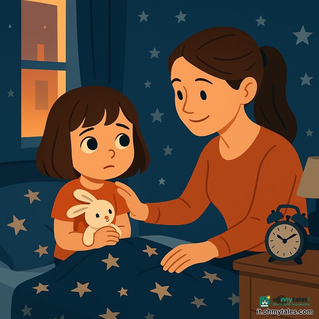 Bambina di 6 anni dagli occhi grandi e lucenti, capelli castani a caschetto, leggermente preoccupata ma curiosa, stringe un piccolo coniglio di peluche bianco seduta sul bordo di un letto con lenzuola a stelle; la madre di circa 30 anni, capelli lunghi raccolti in una coda, sorride rassicurante, accovacciata a fianco del letto mentre sistema la coperta con la mano sulla spalla della bambina; la stanza è piccola e accogliente, pareti blu notte con stelline argentate, finestra aperta che lascia filtrare una sottile luce arancione della strada e una piccola abat-jour spenta; sul comodino un orologio sveglia vintage con lancette visibili e un'ombra morbida: la bambina scopre che la notte è meno spaventosa, contrasto tra l'oscurità dolce della stanza e la calda luce vicina, atmosfera rasserenante e intima.