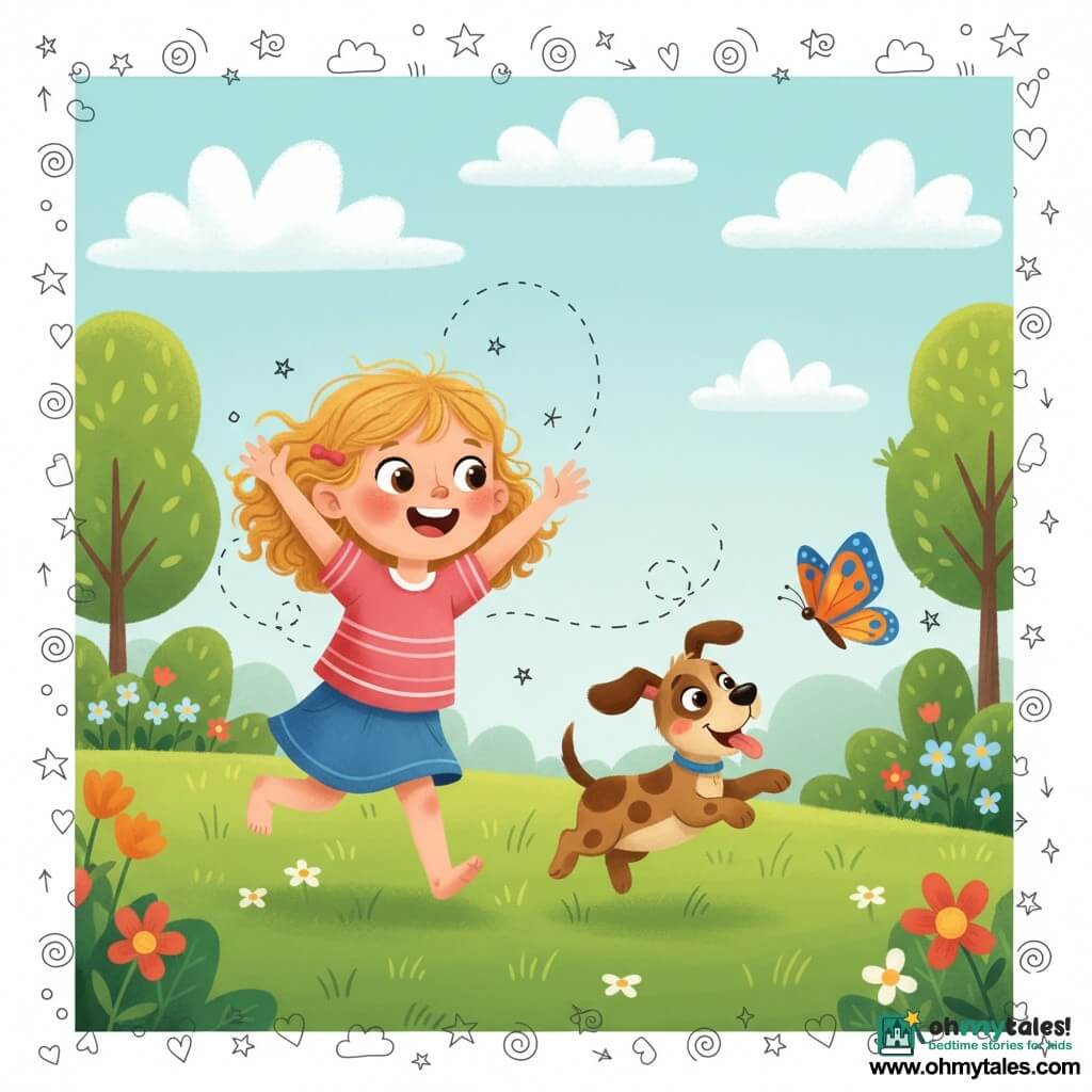 A delighted two-year-old girl with curly blond hair, rosy cheeks and bright wide eyes runs barefoot through the grass with her arms raised; a playful brown-spotted puppy named Max, tongue out and wagging tail, jumps beside her trying to catch a small orange-and-blue butterfly with geometric wing patterns guiding their chase; the sunny park has wide green lawns, a few rounded trees, colorful flower clumps and a pale blue sky with fluffy clouds; the scene captures their joyful, dynamic pursuit with laughter indicated by small doodled lines and stars around them.