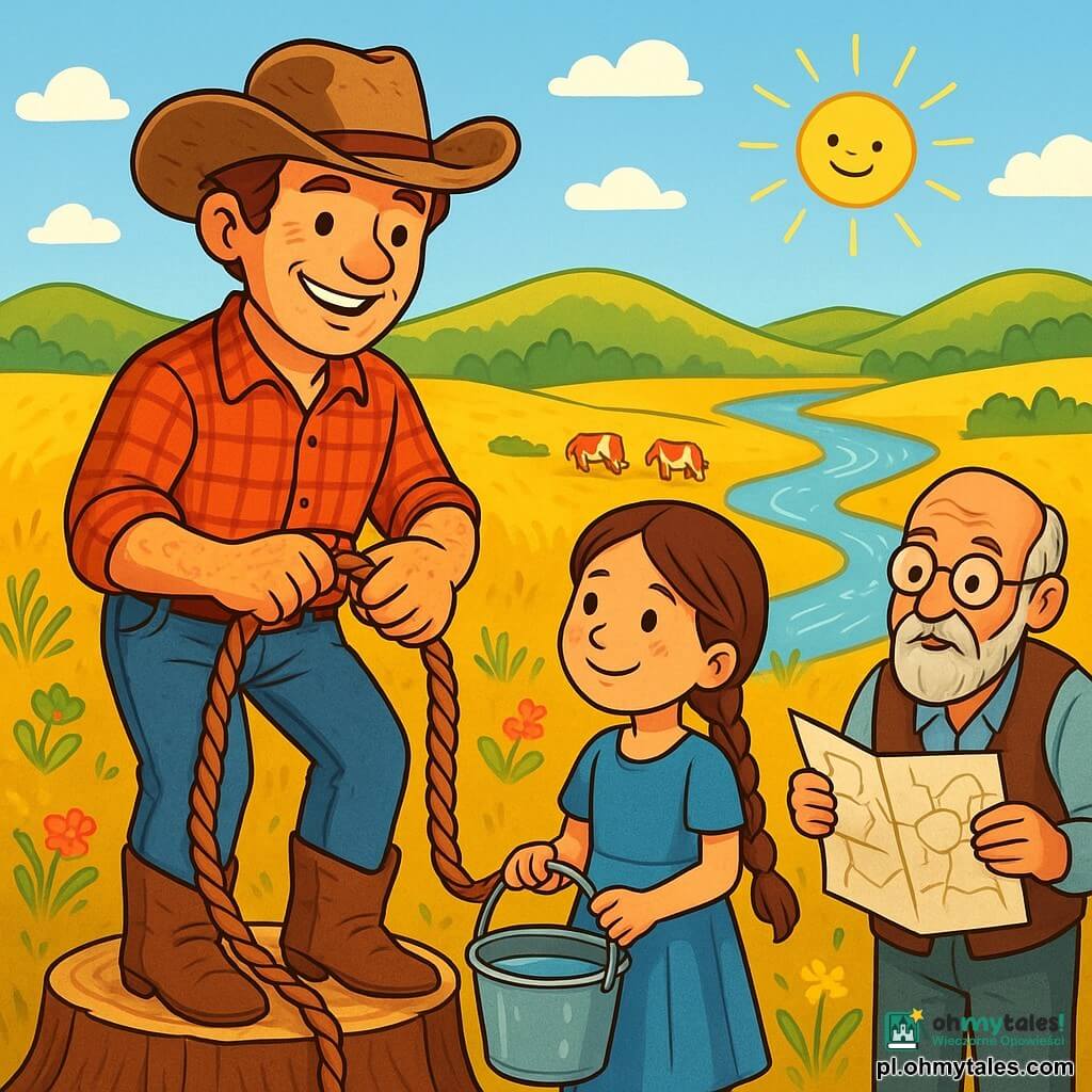 Cowboy o imieniu Jakub, mężczyzna w wieku około trzydziestu lat, dumnie stoi na pniu drzewa, jego twarz jest poparzona słońcem, a na ustach ma szeroki uśmiech. Nosi zużyty kapelusz kowbojski, czerwoną koszulę w kratę i dżinsowe spodnie, podczas gdy zręcznymi, pokrytymi kurzem rękami plecie grubą skórzaną linę. Obok niego stoi Maria, dziesięcioletnia dziewczynka z długimi, warkoczami brązowymi włosami, która z podziwem go obserwuje. Ma na sobie niebieską bawełnianą sukienkę i trzyma wiadro wody, aby nawilżyć paski skóry. W oddali Pan Tomasz, starszy mężczyzna z siwą brodą i okrągłymi okularami, pochyla się nad mapą regionu, gotowy do udzielenia rad. Tło stanowi rozległa złota łąka, usiana dzikimi kwiatami i falującymi wzgórzami pod jasnoniebieskim niebem, gdzie słońce świeci intensywnie. W oddali stado krów spokojnie pasie się w pobliżu lśniącej rzeki. Główna sytuacja pokazuje Jakuba i Marię pracujących razem nad stworzeniem solidnej liny, symbolizującej ducha współpracy i przyjaźni, podczas gdy przygotowują przejście dla stada przez rzekę.