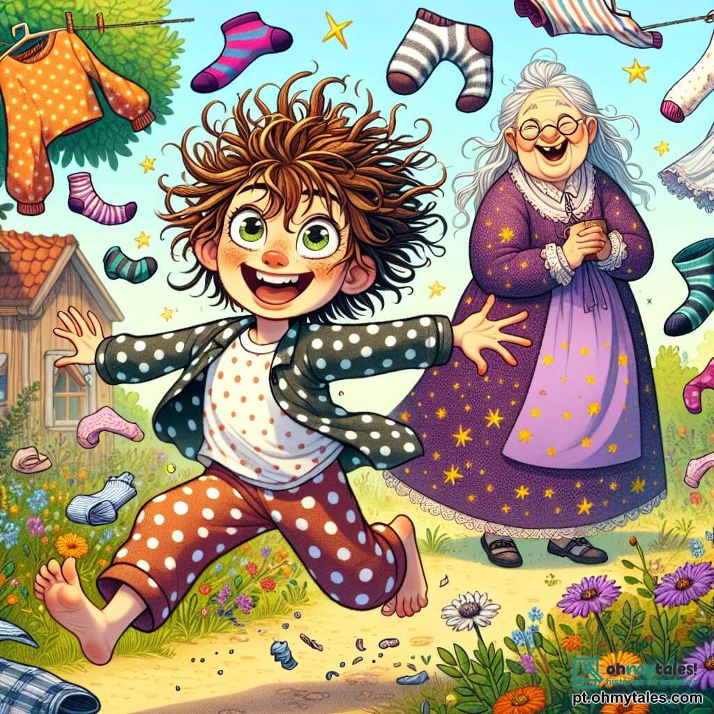 Uma menina de 10 anos, Luna, com cabelos cacheados e desgrenhados de cor castanha, veste um pijama de bolinhas coloridas. Ela sorri amplamente, com os olhos brilhando de excitação enquanto corre atrás de roupas que flutuam no ar, tentando pegá-las com as mãos. Ao seu lado, sua avó, a grande Maga Griselda, com cerca de 70 anos, cabelos longos prateados e um vestido roxo decorado com estrelas douradas, ri alegremente segurando uma xícara de chá. Ela observa a cena com orgulho e diversão. O cenário é um jardim ensolarado, repleto de flores coloridas e árvores verdes, com uma pequena casa de madeira ao fundo. Roupas de todos os tipos, como meias e camisas, flutuam no ar como pássaros, criando uma atmosfera mágica e cômica. A cena principal mostra Luna, cheia de energia, tentando alcançar as roupas que voam ao seu redor, enquanto sua avó, divertida, aprecia o espetáculo, adicionando um toque de magia humorística a esse momento caótico.