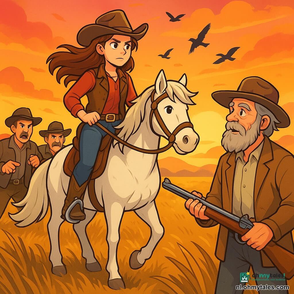 Een cowboyvrouw, Mara, staat trots op haar merrie Bruma, met kastanjebruin haar dat in de wind waait. Ze draagt een versleten cowboyhoed, een leren vest en zilveren laarzen, met een vastberaden en moedig gezicht. Naast haar kijkt een oude man, Elias Boone, met grijs haar en een rommelige baard, bewonderend terwijl hij een oud geweer vasthoudt. Ze bevinden zich op een gouden prairie, bezaaid met hoge, golvende gras onder de ondergang van de zon, met een lucht vol oranje en roze kleuren. De hoofdscène toont Mara en Elias die geconfronteerd worden met dreigende mannen die proberen hun land te veroveren, met een voelbare spanning in de lucht, terwijl vogels boven hen vliegen, wat de vrijheid symboliseert.