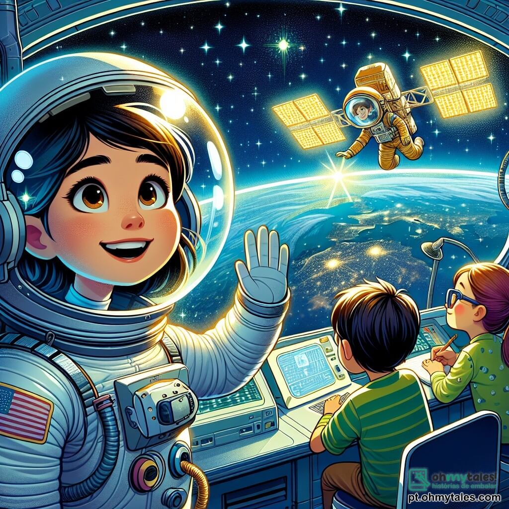 Uma jovem astronauta, Mariana, flutua no espaço, vestida com um traje espacial prateado e brilhante, com um capacete transparente que revela seu rosto sorridente e maravilhado. Seus olhos brilham de curiosidade e excitação enquanto ela ajusta um painel solar dourado. Perto dela, Kenji, um garoto japonês de cerca de 12 anos, observa atentamente do interior da estação espacial, usando óculos e com um sorriso encorajador. Ele segura um laptop e acena com a mão. Lina, uma menina espanhola de aproximadamente 11 anos, está sentada ao lado dele, com os cabelos castanhos presos em um rabo de cavalo, e toma notas em um caderno, parecendo concentrada. A cena ocorre do lado de fora da estação espacial, cercada por um fundo negro estrelado, com a Terra abaixo, iluminada em tons de azul e verde. A estação espacial é composta por módulos prateados, com painéis solares que brilham sob a luz do sol. Mariana está consertando o painel solar, em um gesto delicado e preciso, enquanto estrelas cintilam ao redor, criando uma atmosfera mágica e inspiradora.