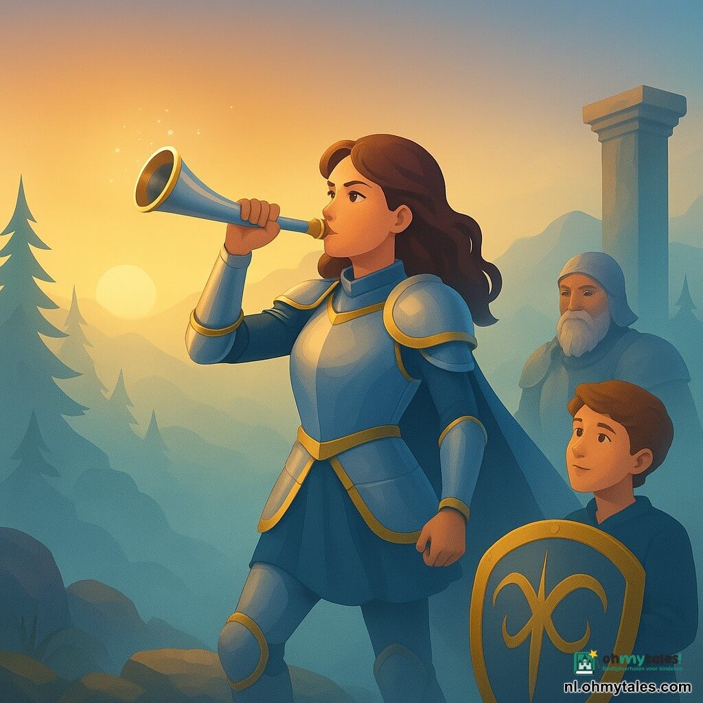 In het midden staat een ridder genaamd Mira, een jonge vrouw met golvend bruin haar en vastberaden ogen, die op een Nevelhoorn blaast. Ze draagt een glanzend harnas en staat op een bergplateau, omgeven door heldere mist. Naast haar staat Noor, een jongen van 14 jaar, die bewonderend toekijkt met een nieuw schild versierd met gouden bogen. Op de achtergrond staat een oude ridder in versleten harnas met zilvergrijs haar en een vriendelijke blik, bij een oude stenen zuil. Het plateau is omgeven door donkere dennen en oude rotsen, verlicht door het gouden licht van de opkomende zon die door de mist breekt. De scène vangt het moment waarop de mist begint op te lossen en een heldere, veelbelovende hemel onthult.