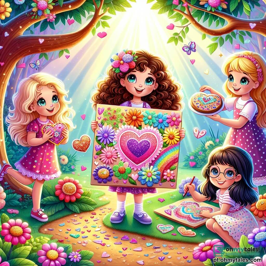 No centro da imagem, Lila, uma menina de nove anos com cabelos cacheados e olhos brilhantes, segura um grande cartão colorido decorado com flores e corações, radiante de alegria. À sua direita, Mia, uma menina com cabelos longos e lisos, sorri segurando um prato cheio de biscoitos em forma de coração, enquanto à sua esquerda, Zoe, uma menina de óculos e tranças, se inclina para adicionar pétalas de flores ao cartão. Clara, outra menina com cabelos curtos e um vestido de bolinhas, está sentada no chão, cercada por folhas e flores, desenhando padrões no cartão. O cenário é um jardim mágico, repleto de flores coloridas, borboletas no ar e uma grande árvore com galhos estendidos, criando uma atmosfera encantadora. Raios de sol filtram-se através das folhas, iluminando a cena com uma luz suave e acolhedora. As quatro amigas estão criando um presente especial para o dia das mães, com expressões de felicidade e empolgação em seus rostos, cercadas pela magia da amizade e do amor.