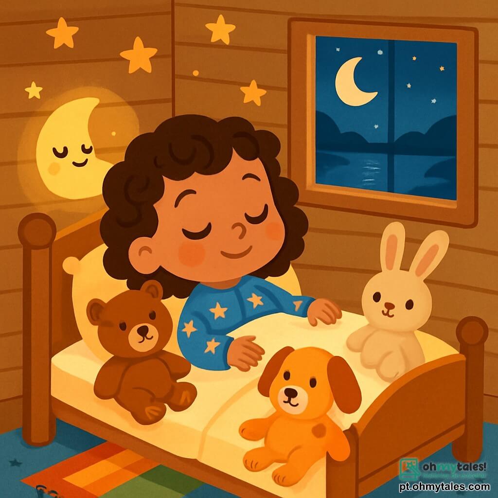 Uma menina de 2 anos, com grandes olhos brilhantes e cabelos cacheados, está deitada em sua cama aconchegante, com um sorriso tranquilo no rosto. Ela usa um pijama estrelado, e seus brinquedos de pelúcia estão espalhados ao seu redor, dando-lhe um ar sereno e feliz. Ao lado dela, uma luz noturna em forma de lua ilumina suavemente o quarto, projetando sombras suaves nas paredes. A cabana de madeira é acolhedora, com paredes de madeira clara e uma janela que deixa entrar a luz da lua. O lugar é um casulo de tranquilidade, com uma cama de madeira, almofadas macias e um tapete colorido no chão. Estrelas decoram o teto, criando uma atmosfera mágica. A menina respira profundamente, pronta para adormecer, cercada pela calma da noite. Os sons suaves da água do lago podem ser ouvidos do lado de fora, acrescentando à serenidade deste momento.