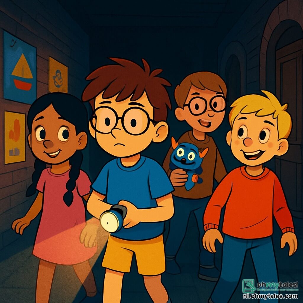 Er zijn 4 kinderen: - Sam: een 8-jarig jongetje met rommelig bruin haar en ronde bril. Hij draagt een blauwe t-shirt en gele korte broek. Hij staat in het midden, een beetje nerveus maar vastberaden, met een kleine zaklamp in zijn hand. - Bram: een 8-jarig jongetje met blond haar en sproetjes. Hij draagt een rode sweatshirt en een spijkerbroek. Hij staat rechts van Sam, glimlachend en zelfverzekerd, klaar om de duisternis in te gaan. - Noor: een 8-jarig meisje met lange zwarte gevlochten haren en een roze jurk. Ze staat links van Sam, met grote ogen maar een dappere glimlach. - Felix: een 8-jarig jongetje met kastanjebruin haar en vierkante bril. Hij staat achter Sam, met een klein monster speelgoed in zijn hand, maar hij lijkt meer vermaakt dan bang. De locatie is een lange en donkere schoolgang, met oude bakstenen muren en versleten houten deuren. Schaduwen dansen over de vloer, veroorzaakt door het zwakke licht van een zaklamp. Kleurrijke posters hangen aan de muren, maar ze lijken bijna spookachtig in de duisternis. De belangrijkste situatie toont de kinderen die samen de gang in gaan, met nieuwsgierige en opgewonden gezichten. Sam verlicht het pad met zijn lamp, terwijl Bram, Noor en Felix dicht bij hem staan, klaar om hun angsten onder ogen te zien. Er hangt een sfeer van avontuur en kameraadschap in de lucht, ondanks de duisternis om hen heen.