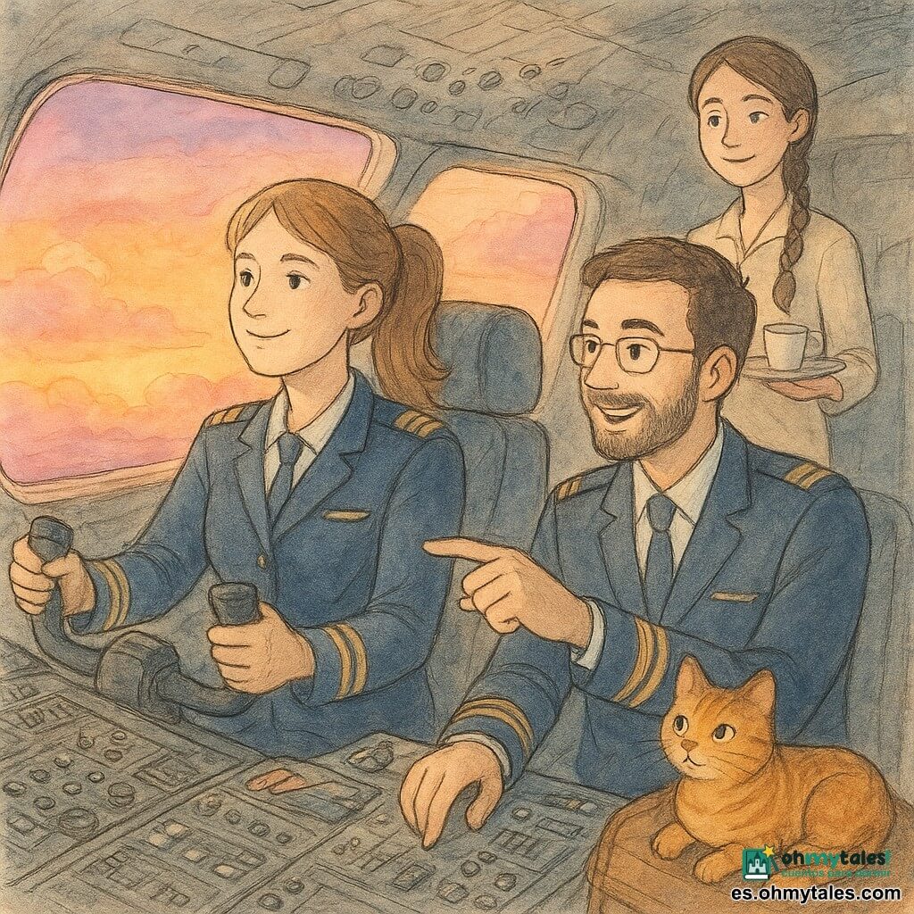 Piloto mujer sonriente y segura, mirada decidida, cabello castaño claro en cola de caballo, uniforme azul marino con hombreras doradas, sujetando suavemente el mando y mirando un gran ojo de buey iluminado; copiloto hombre con barba corta y gafas finas, chaqueta de piloto, sonríe y señala un instrumento a su derecha; azafata de cabello castaño trenzado y uniforme claro trae una bandeja en el pasillo con mirada amable; un gato atigrado y rojizo llamado Tomás sobre una bolsa, relajado y curioso; cabina detallada con paneles negros y cromados, pantallas luminosas, palancas metálicas, algunos papeles y unos guantes coloridos; por la ventana un atardecer en degradados naranja, rosa y violeta y nubes suaves que reflejan la luz en la fuselaje; escena cálida y tranquilizadora, de complicidad y calma profesional, centrada en rostros y manos, contrastes suaves y sombras acuareladas.