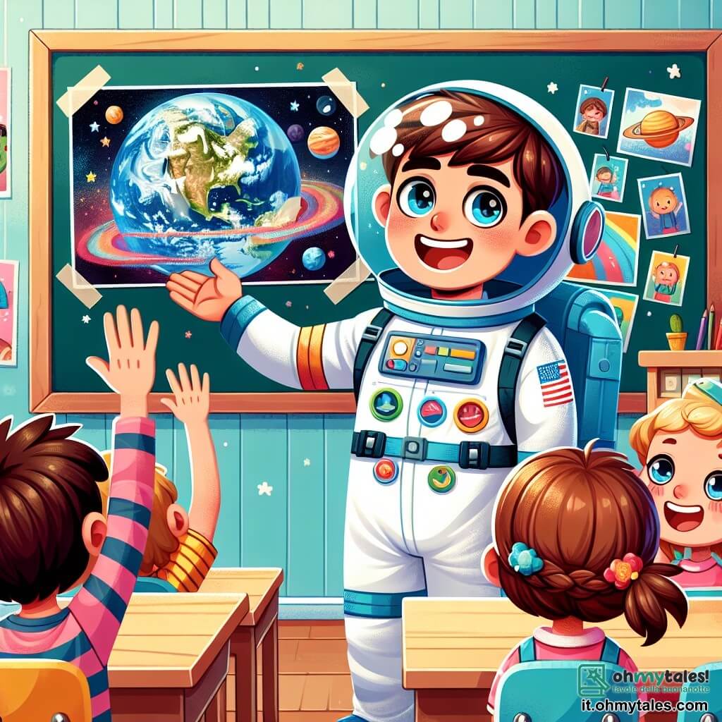 Un astronauta, Marco, con capelli castani e una grande tuta spaziale blu decorata con patch colorati, sorride entusiasta, gli occhi scintillanti di gioia. Sta mostrando una foto della Terra a dei bambini meravigliati. Luca, un ragazzo di 10 anni con capelli castani spettinati e occhiali rotondi, alza la mano con eccitazione, mentre Marta, una ragazza di 9 anni con capelli biondi intrecciati, guarda la foto con occhi sbarrati e un sorriso radioso. La scena si svolge in un'aula luminosa, con poster di pianeti e stelle appesi alle pareti, banchi colorati e una lavagna nera piena di disegni di astronauti. Marco condivide storie affascinanti sui suoi viaggi nello spazio, catturando l'attenzione dei bambini che sognano di diventare astronauti, mentre ridono e si meravigliano insieme.