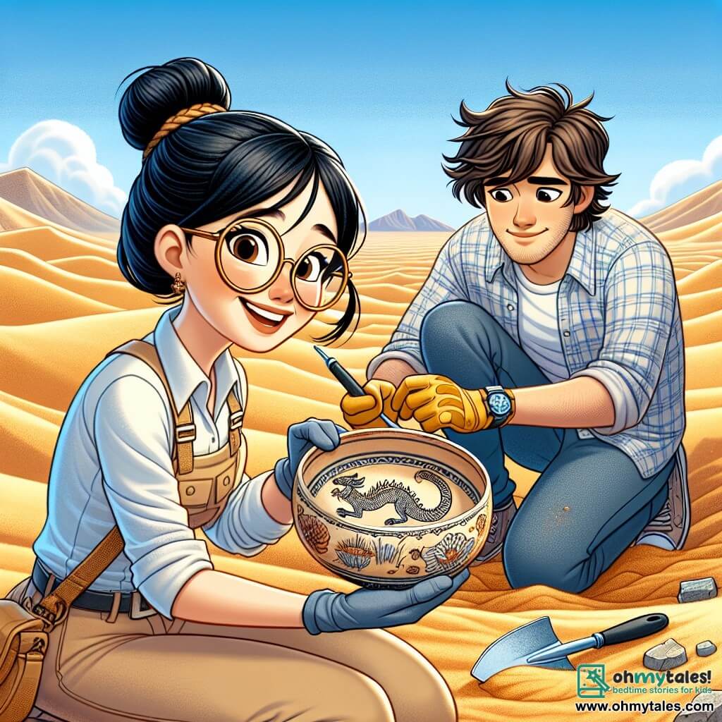 In the foreground, an archaeologist, Dr. Eleanor Chen, is kneeling in the golden sand of the Gobi Desert. She has her black hair in a bun, glasses on her nose, and an excited smile on her face, her eyes sparkling with curiosity. She wears a straw hat and a long-sleeved shirt, with protective gloves, and holds a trowel in one hand while gently brushing away sand around a precious artifact with the other hand. Next to her, a young man, Jake, about 22 years old, is leaning over a pottery fragment he found. He has messy brown hair and is wearing a checkered shirt. His face shows concentration as he gazes in wonder at the piece in his hands. In the background, the desert landscape stretches endlessly, with rolling sand dunes under a bright blue sky dotted with a few white clouds. Distant mountains outline the horizon, adding a touch of mystery to the scene. The main focus shows Dr. Eleanor and Jake engaged in an archaeological discovery, uncovering an ancient artifact, a dragon-decorated bowl, slowly emerging from the desert sands, symbolizing the richness of the history they are about to reveal.