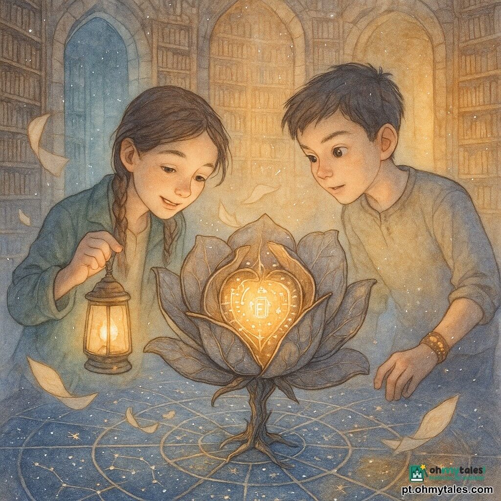 Há dois personagens: Lia, 12 anos, cabelos castanhos em tranças, jaqueta verde leve, segurando uma lanterna de cristal que emite luz quente, à esquerda da escultura, inclinada para o coração luminoso; Tomás, 12 anos, cabelos curtos e pretos, com uma pulseira de cobre improvisada que cintila e solta pequenas faíscas, à direita da escultura, olhando o núcleo luminoso, levemente inclinado para Lia. A cena passa numa antiga e imensa biblioteca de paredes de pedra com prateleiras infinitas e chão em mosaico de constelações; no centro há uma escultura em forma de rosa com pétalas de vidro fumê e nervuras de metal envelhecido, cujo núcleo mistura circuitos e runas; três corredores partem ao redor — um azulado e frio com fumaça de ozônio, um úmido com som de água e um dourado por luz empoeirada. A rosa de vidro se abre lentamente e revela um coração luminoso feito de símbolos digitais e glifos antigos; a lanterna de Lia acende sozinha, a pulseira de Tomás emite bipes prateados, uma brisa faz voar páginas e faíscas de poeira cometária; atmosfera science-fantasy, mistura de mecânica e magia, tons aquarela suaves com acentos metálicos e brilhos brancos.