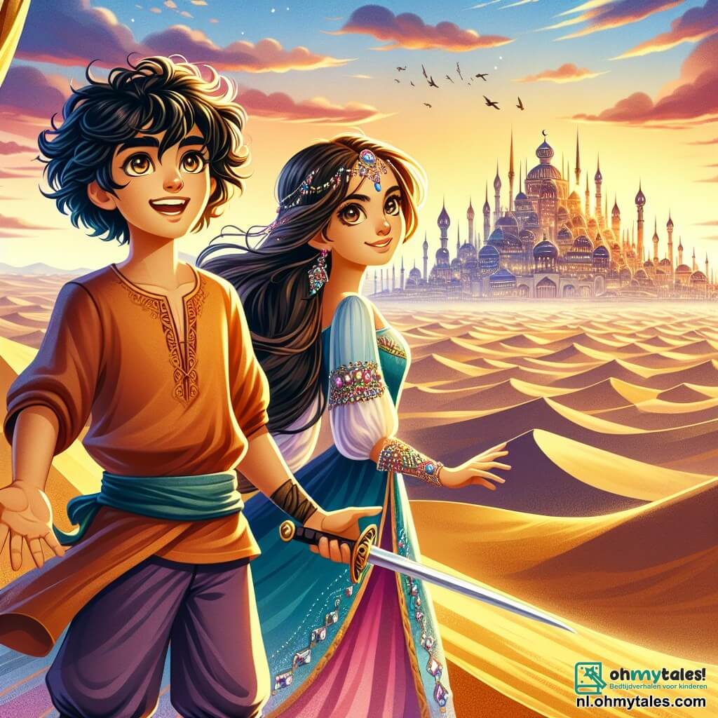 Aladdin, een jonge man van ongeveer 20 jaar, heeft zwart, krullend haar, sprankelende ogen vol nieuwsgierigheid en een brede glimlach die zijn gezicht verlicht. Hij draagt een losse broek en een kleurrijke tuniek, en staat met open armen op een gouden zandduin, vol verwondering kijkend naar de verborgen stad in de verte. Naast hem staat Jasmine, een jonge vrouw van ongeveer 19 jaar, met lang bruin haar en stralende ogen vol vastberadenheid. Ze draagt een mooie jurk versierd met glinsterende juwelen en houdt een zwaard in haar hand, klaar om hun avontuur te verdedigen. Ze staat iets op de achtergrond, met trots en bewondering naar Aladdin kijkend. De scène speelt zich af in de Sahara, waar majestueuze zandduinen zich uitstrekken tot aan de horizon, en de ondergang van de zon de lucht in rozen- en oranjetinten kleurt. In de verte tekent de silhouet van een mysterieuze stad, met glinsterende torens en muren versierd met edelstenen, zich af tegen de horizon. De hoofdscène toont Aladdin en Jasmine, verwonderd, die de verborgen stad ontdekken, wat het begin van hun grote avontuur samen symboliseert.