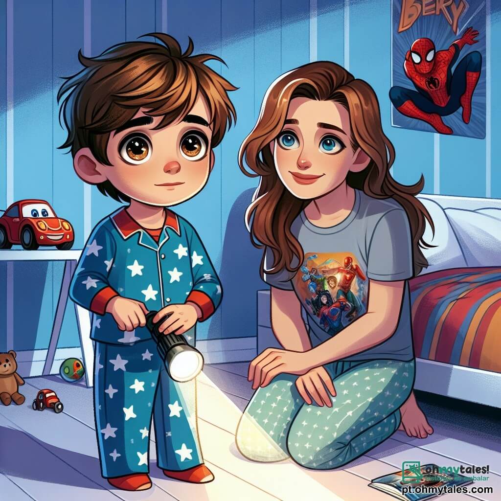 Um menino de 6 anos, Lucas, com cabelos castanhos bagunçados e olhos brilhantes de curiosidade, está de pé em um quarto escuro, um pouco preocupado, mas determinado. Ele usa um pijama azul com estrelas brancas e segura uma pequena lanterna que ilumina seu rosto. Ao seu lado, sua mãe, uma mulher de cerca de trinta anos com cabelos longos e castanhos, sorridente e reconfortante, está agachada, mostrando a ele como usar a lanterna para explorar a escuridão. Ela veste uma camiseta colorida e uma calça confortável, oferecendo seu apoio a Lucas. A cena se passa em um quarto infantil, com paredes pintadas de azul claro, pôsteres de super-heróis e uma cama em forma de carro. Brinquedos estão espalhados pelo chão, e uma janela revela estrelas cintilantes no céu noturno. A situação principal mostra Lucas, um pouco nervoso, mas pronto para enfrentar seu medo do escuro, iluminando o quarto com sua lanterna, enquanto sua mãe o encoraja a ser corajoso e descobrir a magia da noite.