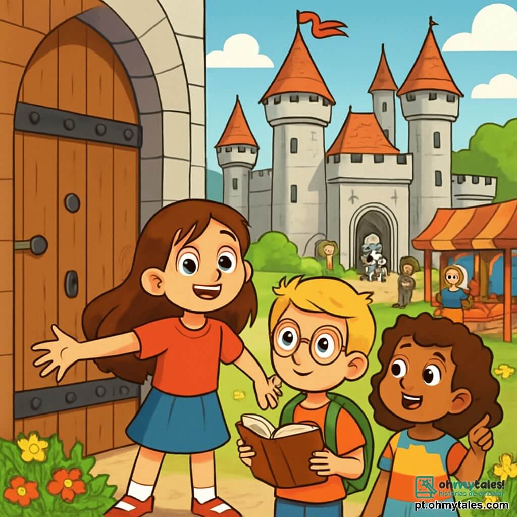 Uma menina de 10 anos, Sofia, com longos cabelos castanhos e olhos brilhantes de curiosidade, está diante de uma imensa porta de madeira do castelo medieval. Ela sorri maravilhada, com os braços abertos, pronta para explorar esse novo mundo. Ao seu lado, Lucas, um garoto de 10 anos com cabelos loiros e óculos redondos, observa fascinado o castelo, segurando um velho livro. Marina, outra menina de 10 anos com cabelos cacheados e um vestido colorido, aponta para um cavaleiro em armadura brilhante que treina ao longe. O castelo se ergue majestoso, com torres pontiagudas, bandeiras ao vento e paredes de pedra cinza, cercado por um jardim florido onde flores coloridas dançam ao sol. A cena é cheia de vida, com aldeões em trajes medievais animando o mercado próximo, com barracas de frutas e tecidos coloridos. Sofia, Lucas e Marina estão juntos, maravilhados com a descoberta do castelo, prontos para viver uma incrível aventura neste mundo do passado.
