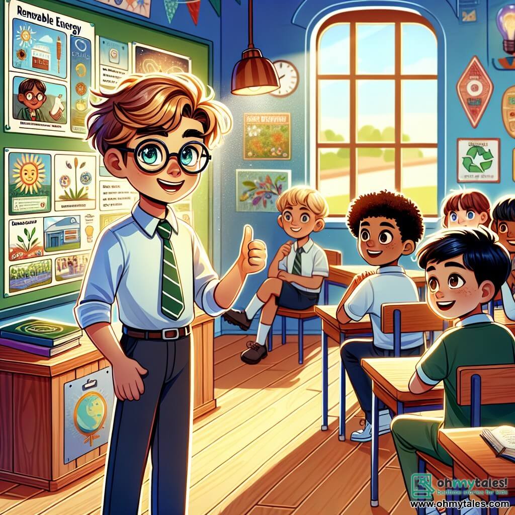 In the center of the image, Jamie, a twelve-year-old boy with messy blonde hair and glasses, stands with a big smile, holding a presentation board on renewable energy. To his right, Ethan, an athletic boy with brown hair and sparkling eyes, encourages him with a thumbs up, full of energy. On the left, Adam, a boy with brown hair and glasses, looks at Jamie with admiration, holding a science book. Finally, Leo, a boy with black hair and a mischievous smile, stands behind them, ready to make a joke to lighten the mood. The setting is a colorful classroom with educational posters on the walls, wooden desks, and a large window letting in sunlight. Classmates are seated in chairs, attentive and smiling, creating a warm and encouraging atmosphere. The main situation shows Jamie, nervous but determined, speaking in front of his classmates while his friends support him with gestures. The image captures the moment Jamie begins to speak, illustrating the growing self-confidence within him, surrounded by friends who believe in him.