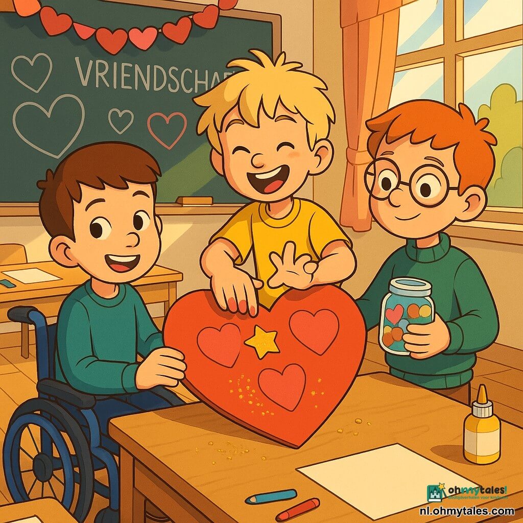 Drie jongens van ongeveer 8 jaar: Tim, lichtgetint met kort bruin haar, zit in een kleine blauwe rolstoel links voor de juf en houdt de linkerhoek van een grote hartvormige Valentijnskaart terwijl hij lacht; Sam, blond en warrig, staat in het midden en plakt een glinsterende ster op de kaart met een enthousiaste blik; Joep, roodharig met ronde bril, staat rechts en houdt een pot met kleurrijke stickers terwijl hij trots naar de kaart kijkt. De warme, lichte klas heeft een lichte houten vloer, tafels met papier en potjes kleurpotloden, een zwartbord met het woord "Vriendschap" en hartjes getekend, papieren slingers aan het plafond en zonlicht dat door een groot raam valt. De jongens tonen een open hartkaart bedekt met rood papier, glanzende stickers en gouden glitters op de tafeldeksel, met vrolijke gezichten, vriendelijke gebaren en een feestelijke sfeer; de illustratiestijl is cel-shading met heldere kleuren, scherpe contouren en zachte schaduwen, compositie gecentreerd op de kaart en de blije gezichten.