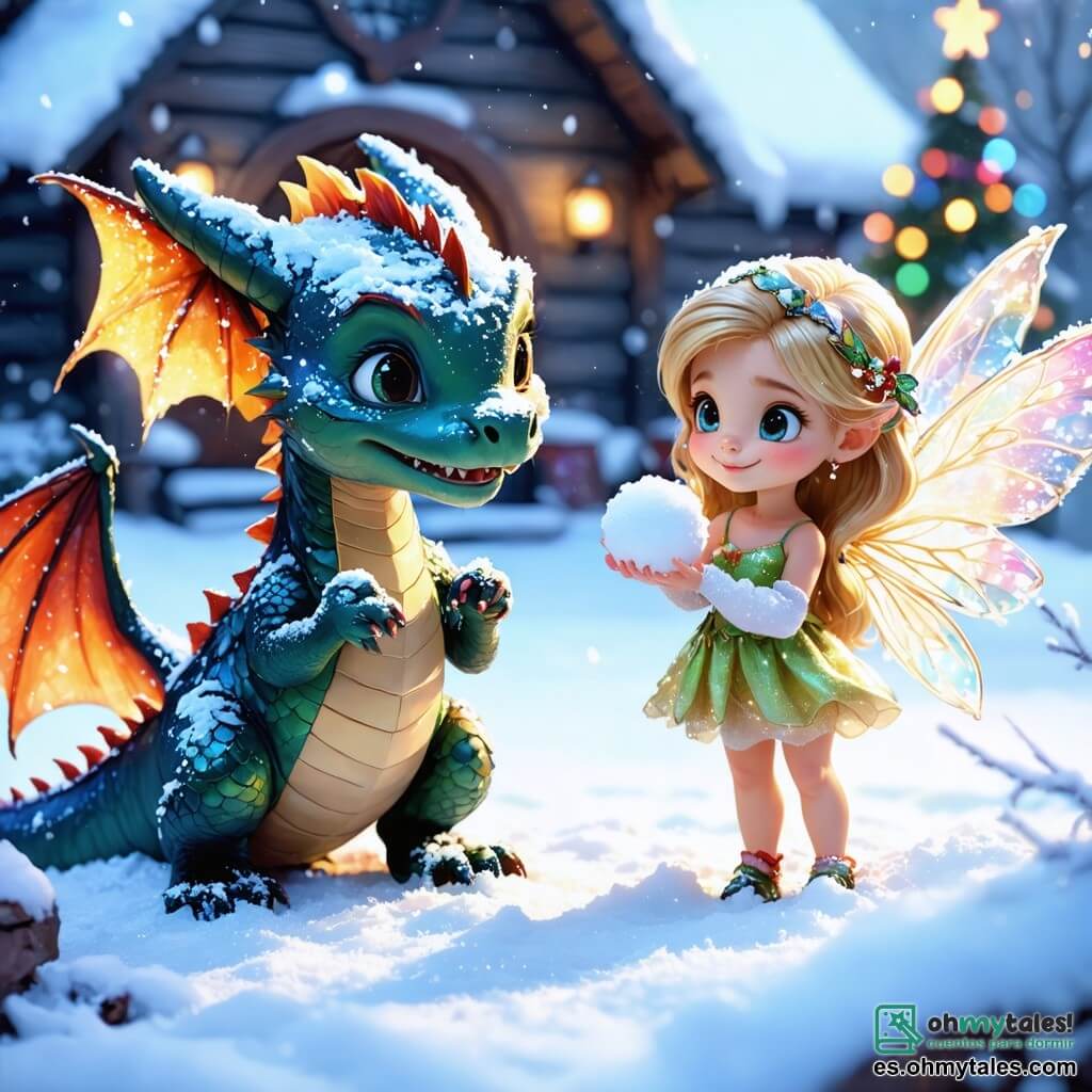 Un pequeño dragón de escamas brillantes y colores vivos juega alegremente en un paisaje nevado. Sus grandes ojos, llenos de curiosidad, y una amplia sonrisa expresan su asombro ante la nieve que cae suavemente a su alrededor. Junto a él, una pequeña duendecilla con cabello dorado y alas translúcidas observa con una sonrisa cálida. Sostiene una bola de nieve en sus manos, lista para lanzarla, y su rostro irradia alegría y emoción. El escenario es un encantador pueblo invernal, con casas de madera cubiertas de nieve, luces de colores que brillan y un gran árbol de Navidad decorado en el centro de la plaza. Los copos de nieve bailan en el aire, creando una atmósfera mágica. La escena principal muestra al dragón y a la duendecilla divirtiéndose juntos, lanzando bolas de nieve y riendo, mientras la nieve cubre el suelo, creando un mundo de ensueño lleno de alegría y amistad.