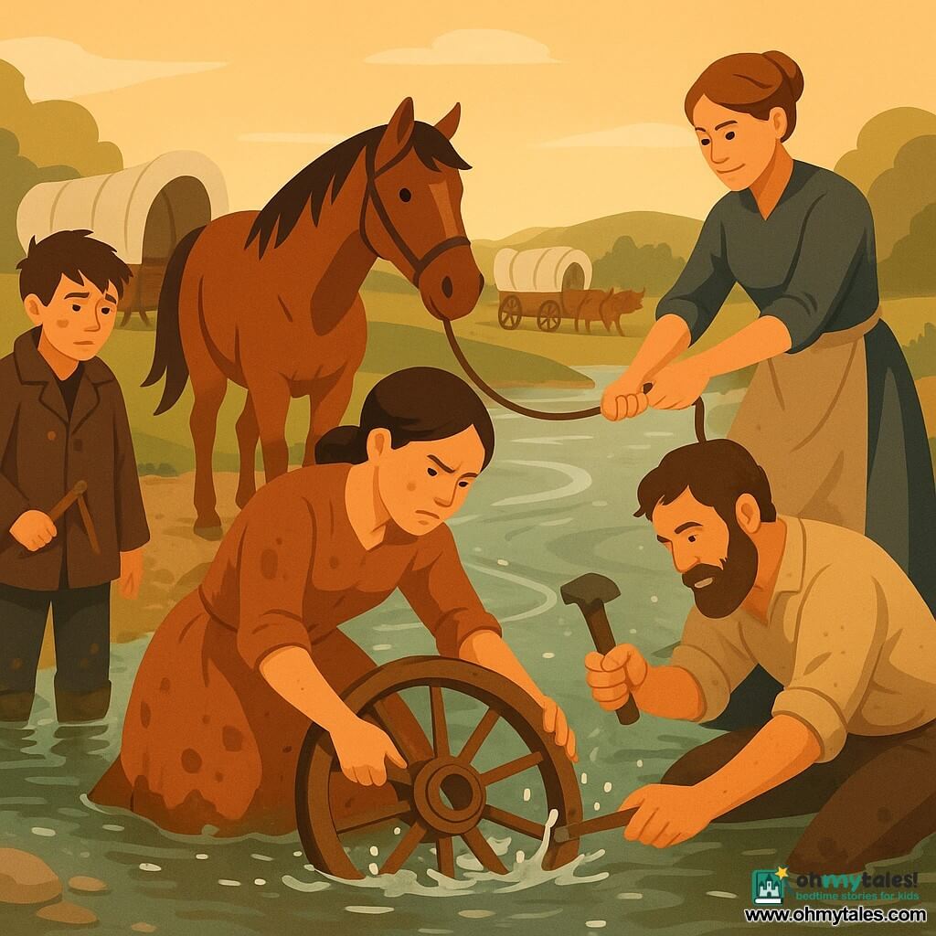 The main character is Mae, a focused, determined woman with narrowed eyes, mud-stained clothes and a hitched-up skirt, firmly holding a broken wheel in the water while helping replace a spoke; an about 11-year-old boy, Eli, soot-smudged and wearing an oversized coat, stands on the left bank worried but admiring, holding a small slingshot; Lottie, about 35, hair in a bun, pulls a wet rope to Mae’s right, tense but smiling; Jonah, about 45, bearded with calloused hands, kneels in the water hammering a new wooden spoke, dusty clothes; the mare Juniper stands behind Mae, bay coat and loose reins, attentive with splashed hooves; the setting is a sharp river bend with green-silver swirling water, shiny pebbles, light spray, beige canvas wagons and oxen on the far bank; the scene depicts a collective repair—splashing water, taut rope, gleaming metal tools, a tilted wagon, precise gestures and cooperation in golden late-afternoon light.