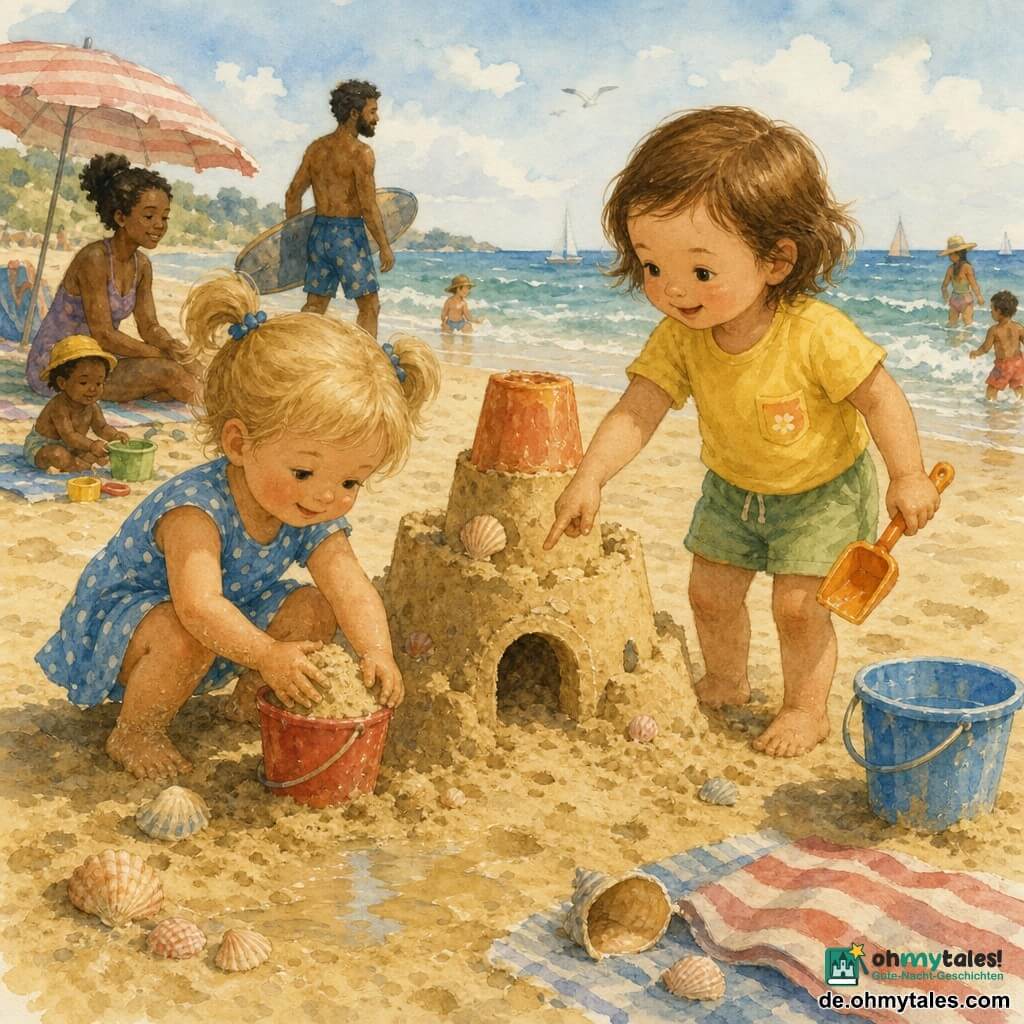 Zwei Mädchen: Lina (2) mit blonden Zöpfen und blauem gepunktetem Kleid, links hockend und nassen Sand in einen kleinen roten Eimer pressend; Emma (2) mit kurzen hellbraunen Haaren, gelbem T‑Shirt und grüner Shorts, rechts, lächelnd mit einer kleinen orangen Schaufel und auf den Eingang ihrer gemeinsam gebauten Sandburg zeigend; sie halten sich fast an der Hand. Ort: goldener Sandstrand mit vereinzelten Muscheln, sanften, in der Sonne glänzenden Wellen, gestreiftes Handtuch und blauer Wassereimer in der Nähe. Situation: Sie bauen zusammen eine große nasse Sandburg mit Hügel, umgestülptem Eimer als Türmchen, Fußspuren und Wasserplatschen daneben.