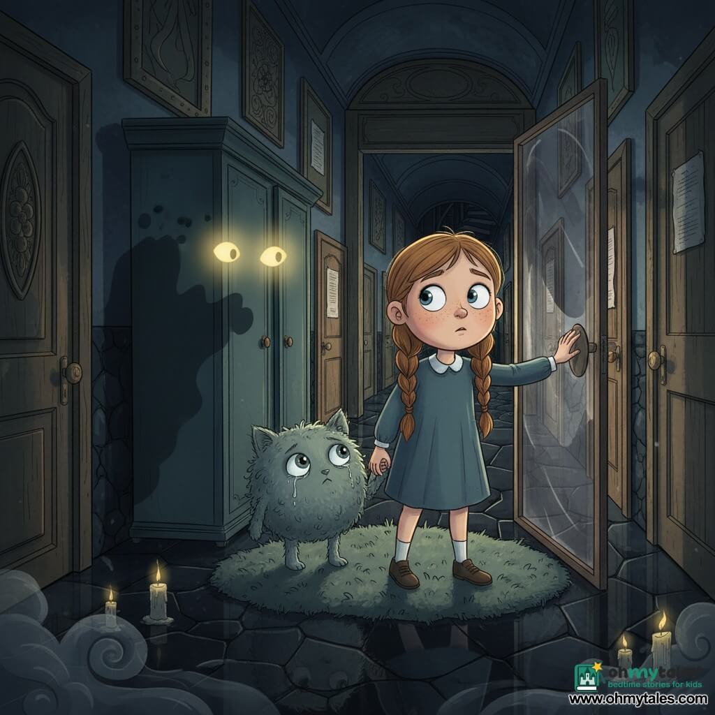 A determined but slightly worried 10-year-old girl with a round freckled face and light brown hair in two braids, big bright eyes, reaches to open a smoked-glass door while standing on a gray mossy rug; beside her a small, round, blurry dream-creature the size of a cat with teary silver eyes holds her hand and looks toward the door with hope; unseen yet present, a Dream-Walker manifests as two large glowing yellow eyes floating near the wardrobe's shadow with a wavy dark silhouette behind them; the setting is a long high-walled corridor with polished black tiles reflecting rows of varied doors (carved wood, metal, paper), a spiral staircase plunging into darkness beyond the smoked glass, flickering candlelight and low mist near the floor, dramatic child-friendly mood with deep blues, grays and gold highlights, sharp lines and strong contrasts.