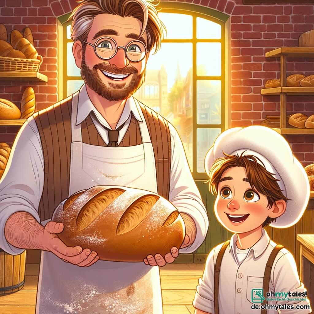 Ein Bäcker, ein mittelalter Mann mit einem braunen Bart und runden Brillen, lächelt fröhlich, während er ein großes, goldbraunes Brot in seinen Händen hält. Er trägt eine weiße, mehlverschmierte Schürze und hat leicht zerzauste Haare, was auf seinen arbeitsreichen Morgen hinweist. Neben ihm steht ein etwa 10-jähriger Junge namens Emil, der eine zu große, niedliche Mütze trägt und mit neugierigen, funkelnden Augen das frisch gebackene Brot bewundert. Sie befinden sich in einer gemütlichen Bäckerei mit roten Backsteinwänden, Holzregalen voller Brote und Gebäck und einem sanften, goldenen Licht, das durch das Fenster strömt. Die Szene zeigt den Moment, in dem der Bäcker und Emil die Kreation eines neuen, speziellen Brotes feiern, umgeben von dem köstlichen Duft frischen Brotes, der die Luft erfüllt.