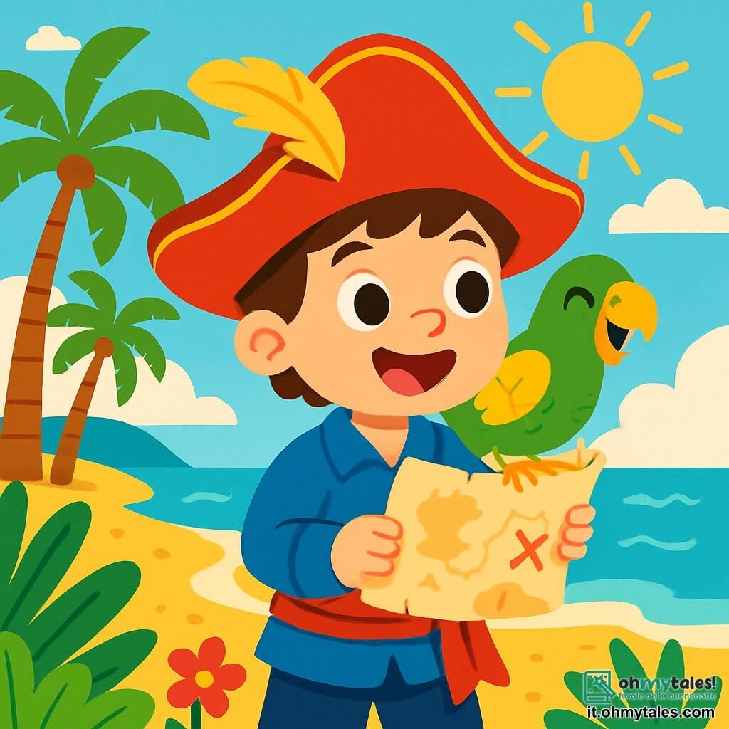 Un giovane pirata di nome Nico, un ragazzo di circa 8 anni, indossa un grande cappello rosso decorato con una piuma dorata. Ha occhi brillanti di curiosità e un ampio sorriso che esprime il suo entusiasmo. Nico tiene in mano una mappa del tesoro, guardando con eccitazione verso l'orizzonte. Accanto a lui, Pipo, un pappagallo colorato, è posato sulla sua spalla. Pipo è verde con piume gialle vivaci e sembra felice, con il becco aperto come se stesse cantando una canzone da pirata. La scena si svolge su un'isola tropicale, con palme verdi che oscillano dolcemente sotto il sole splendente. La sabbia è dorata e morbida, e l'acqua turchese brilla sotto i raggi del sole. Sullo sfondo, si vede un mare calmo e un cielo blu punteggiato da alcune nuvole bianche. Nico e Pipo stanno scoprendo una vecchia mappa del tesoro, circondati da piante esotiche e fiori colorati. Sono pronti a partire per un'avventura alla ricerca del tesoro nascosto sull'isola misteriosa.