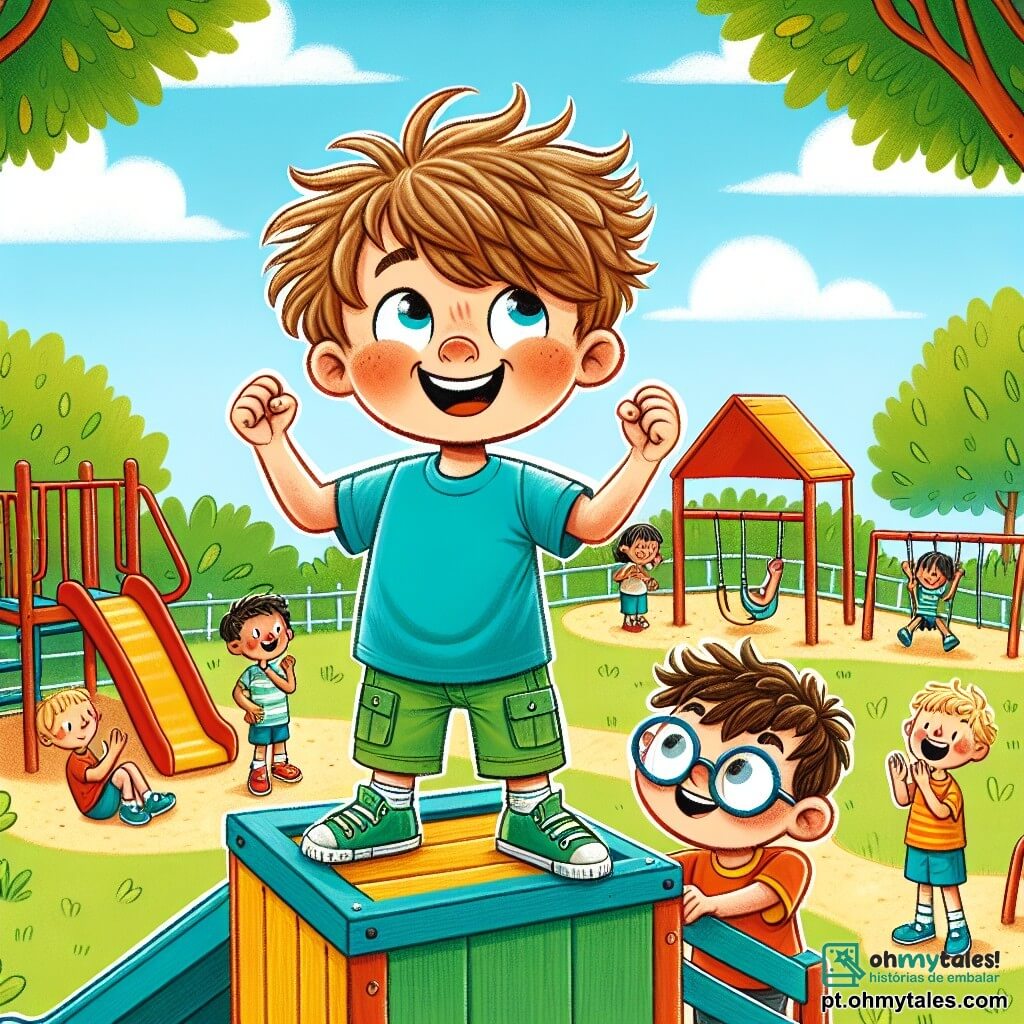 Um menino de 6 anos, chamado João, está no topo de uma grande casinha de brinquedo em um parque escolar, com um grande sorriso no rosto, os olhos brilhando de orgulho e excitação. Ele tem cabelos castanhos bagunçados, usa uma camiseta azul vibrante e um short verde, e suas pequenas mãos estão levantadas em sinal de vitória. Ao lado dele, seu amigo Pedro, também de 6 anos, com cabelos loiros e óculos redondos, o encoraja com um grande sorriso. Pedro está sentado na borda da casinha, com as pernas penduradas, aplaudindo João com entusiasmo. O parque é cheio de cores vibrantes: balanços vermelhos, um grande escorregador amarelo e árvores verdes luxuriantes. O céu é azul com algumas nuvens brancas fofas, e outras crianças brincam alegremente ao redor, criando uma atmosfera de felicidade e amizade. A cena principal mostra João, no topo da casinha, percebendo que superou seu medo e pode ser corajoso. Ele está celebrando seu sucesso, cercado de risadas e incentivos de seus amigos, ilustrando assim o tema da autoconfiança.