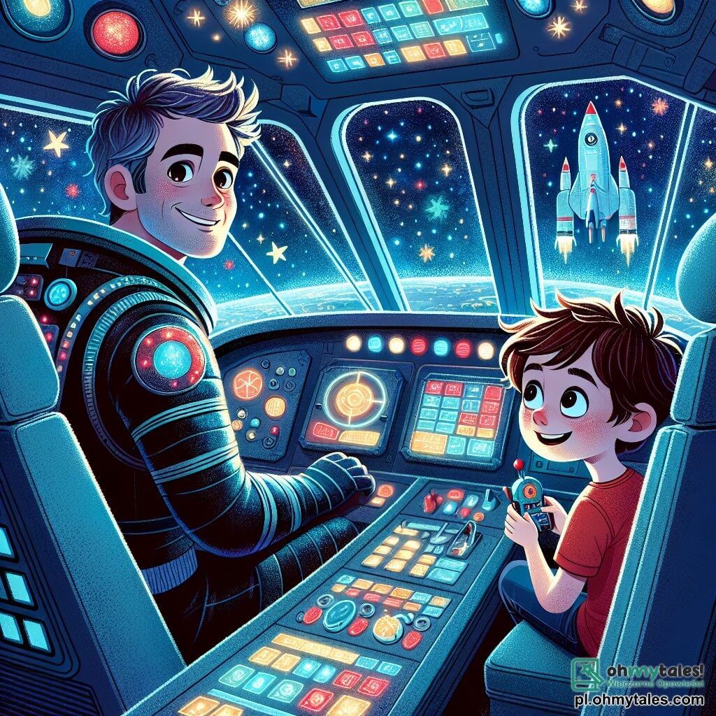 Astronauta Marek stoi w swoim kokpicie statku kosmicznego, ubrany w błyszczący niebieski skafander, który mieni się w świetle gwiazd. Jego twarz jest uśmiechnięta, a oczy błyszczą z ekscytacji, gdy patrzy na pulpit sterowniczy wypełniony kolorowymi przyciskami. Obok niego, dziesięcioletni chłopiec Filip, z rozczochranymi brązowymi włosami i czerwoną koszulką, siedzi na fotelu drugiego pilota, z oczami szeroko otwartymi z fascynacji, trzymając w rękach mały model rakiety. Kokpit otaczają duże okna, oferujące spektakularny widok na nieskończoną przestrzeń, usianą migoczącymi gwiazdami i kolorowymi planetami. Scena emanuje atmosferą przygody i odkrycia, z podświetlonymi panelami sterowniczymi i unoszącymi się hologramami. Marek i Filip wspólnie wyobrażają sobie podróż przez galaktyki, Marek tłumacząc swojemu młodemu przyjacielowi cuda wszechświata, podczas gdy przygotowują się do startu w kierunku nowej, tajemniczej planety.