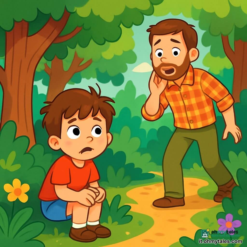 Un ragazzo di 6 anni, con capelli castani disordinati e occhi pieni di curiosità, si trova in mezzo a una foresta verdeggiante, con un'espressione preoccupata. Indossa una maglietta rossa e pantaloni corti blu, con le mani serrate sulle ginocchia e il viso che esprime una leggera paura mescolata a meraviglia. Accanto a lui, suo padre, un uomo di circa 30 anni con una barba castana e un sorriso rassicurante, cerca il figlio con un'espressione di preoccupazione. Indossa una camicia a quadri e pantaloni kaki, tenendosi leggermente in disparte e scrutando i dintorni. La foresta è densa, con grandi alberi e foglie verdi che filtrano la luce del sole, creando ombre danzanti sul terreno. I fiori colorati nel sottobosco aggiungono tocchi di giallo, viola e rosa all'ambiente. La situazione principale mostra il ragazzo smarrito, che realizza di essersi allontanato dal padre, mentre quest'ultimo lo chiama con voce dolce ma preoccupata, cercando di rassicurarlo in questo bellissimo ma un po' spaventoso contesto naturale.
