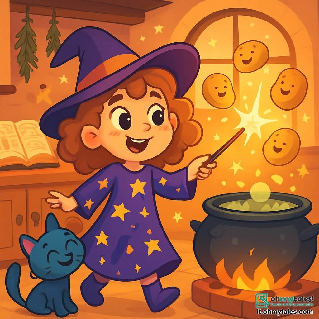 Mirtilla, un'apprendista strega di sette anni, ha grandi occhi scintillanti di curiosità e capelli ricci color caramello. Indossa un vestito viola decorato con stelle dorate e tiene una bacchetta magica che brilla. Il suo viso è illuminato da un sorriso malizioso, mentre si prepara a lanciare un incantesimo. Accanto a lei, Poffo, un gatto blu dagli occhi birichini, si strofinano contro le sue gambe, pronto a vivere una nuova avventura. Ha un'espressione divertita, come se sapesse che qualcosa di buffo stesse per accadere. L'ambiente è una cucina incantata, piena di pentole ribollenti, libri di incantesimi dalle pagine ingiallite e finestre che lasciano entrare la luce dorata del sole al tramonto. Erbe sospese al soffitto oscillano dolcemente e stelle scintillanti fluttuano nell'aria. La scena principale mostra Mirtilla mentre lancia un incantesimo, con patate volanti che vorticano attorno a lei, creando un'atmosfera gioiosa e caotica. Le patate hanno volti sorridenti e sembrano danzare nell'aria, mentre risate risuonano nella cucina magica.