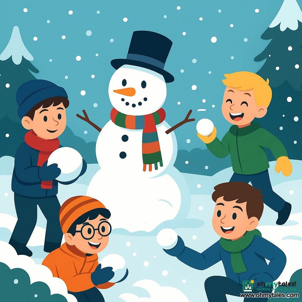 There are four children: Liam, a 10-year-old boy with brown hair and brown eyes, wearing a red scarf and a blue hat, is shaping a snowball. Ethan, an 11-year-old boy with blond hair and blue eyes, dressed in a green coat and yellow gloves, is laughing while throwing a snowball. Noah, a 9-year-old boy with black hair and glasses, wearing an orange jacket and a striped hat, is hiding behind a snowy bush. Jake, a 10-year-old boy with chestnut hair and green eyes, dressed in a blue coat and a green scarf, is crouched, ready to throw a snowball. The setting is a snowy winter garden surrounded by tall snow-covered trees, with a clear blue sky and gently falling snowflakes. In the center, a large snowman with a crooked hat and a colorful scarf stands proudly. The main scene shows the children engaged in a joyful and friendly snowball fight, their faces lit up with bright smiles as the snow swirls around them, capturing the playful and magical spirit of winter.