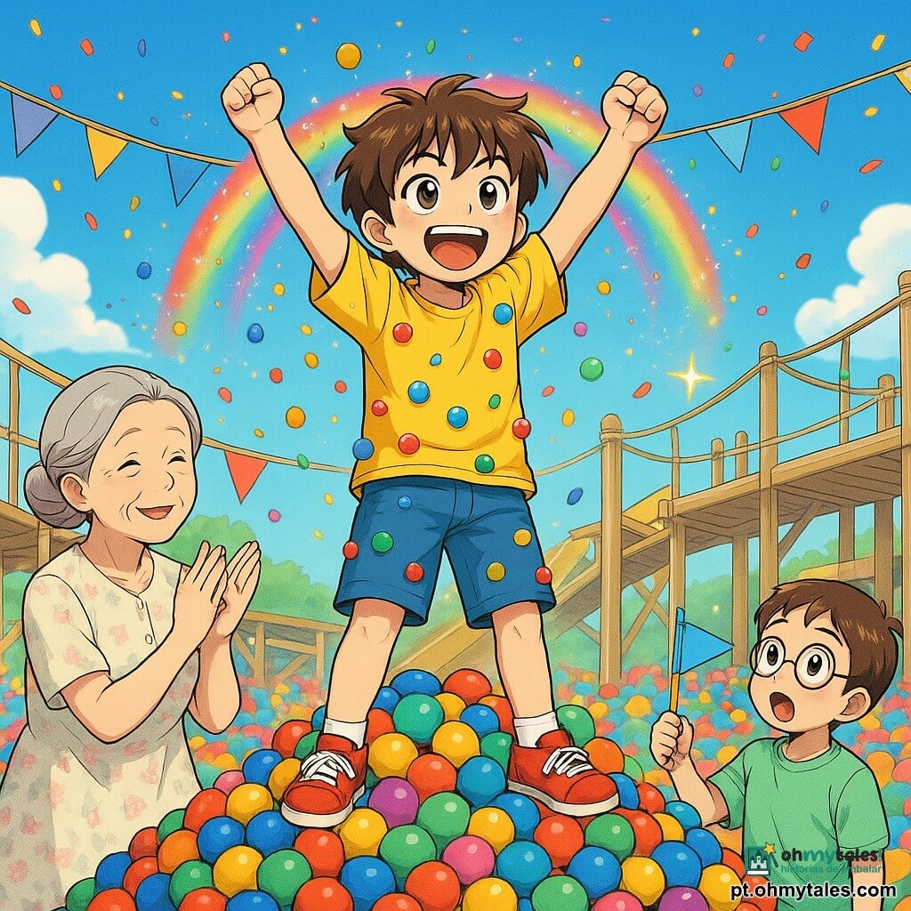 Menino de 10 anos, cabelo castanho desgrenhado, olhos grandes e risonhos, sorriso triunfante e braços erguidos no topo de um vulcão de bolas coloridas; veste camiseta amarela, calção azul e ténis vermelhos, com pequenas bolas coladas às roupas; à esquerda, avó de ~65 anos, cabelo grisalho apanhado, sorrindo e aplaudindo, roupa simples com flores pastel; à direita, menino de ~8 anos com óculos redondos e boca aberta de admiração, segurando uma bandeirola numa plataforma e olhando para o herói; local: parque de diversões de dia, grande piscina de bolas multicoloridas, estruturas de madeira, céu azul, festões e confetes; situação: ele acaba de chegar ao cume com bolas descrevendo um arco‑íris atrás, bolas em movimento, brilhos e leve névoa de pó colorido, cena dinâmica e alegre; estilo: traço manga limpo, cores saturadas e contrastantes, expressões exageradas e fofas, textura lisa das bolas e iluminação quente de fim de tarde.