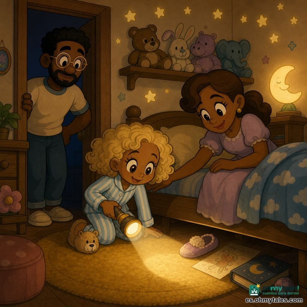 Niña de 6 años emotiva y tranquila, pelo rubio rizado a la altura del mentón, ojos grandes avellana, pijama a rayas azul claro y zapatillas con forma de oso; sostiene una linterna cálida y amarilla que ilumina suavemente el suelo frente a su cama. La madre, mujer de unos 30 años, cabello castaño recogido en coleta baja, sonrisa dulce, con vestido pastel, está sentada al borde de la cama con una mano en el hombro de la niña, mirada protectora a la derecha de la cama. El padre, hombre de unos 32 años con barba ligera y gafas redondas, camiseta cómoda y vaqueros, está de pie junto a la puerta apoyado en el marco, figura tranquila en el fondo. Habitación pequeña y acogedora: paredes crema con pegatinas de estrellas fosforescentes, alfombra redonda color mostaza, estantería de madera con peluches, manta con motivos de nubes y luz tenue de una luz nocturna en forma de luna. Situación principal: la niña ilumina con curiosidad el espacio bajo la cama; la linterna revela objetos familiares (un zapatito, un dibujo, un libro) y sombras suaves de formas amigables que bailan en la pared, creando un ambiente reconfortante y ligeramente mágico.