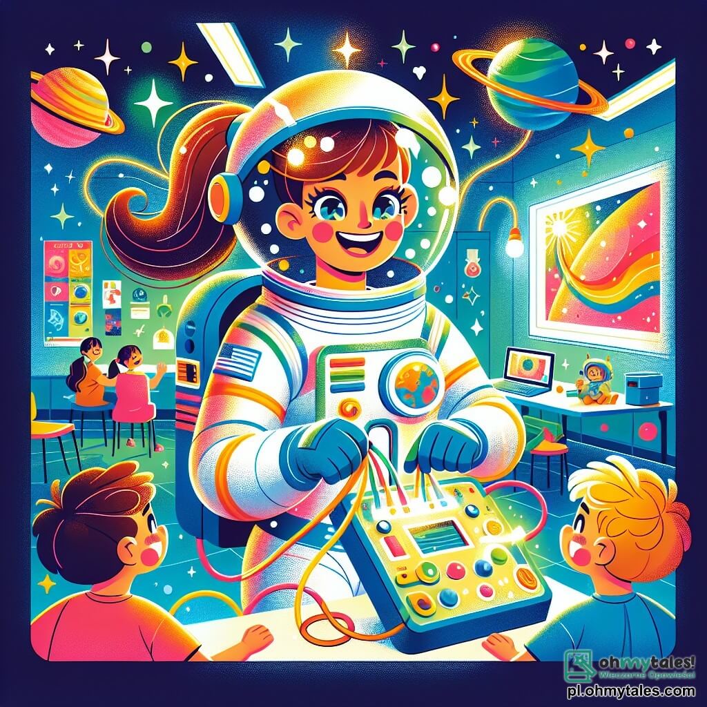 Uśmiechnięta astronautka, Mama Ola, unosi się w przestrzeni kosmicznej, ubrana w błyszczący biały skafander z kolorowymi detalami. Jej oczy błyszczą z ekscytacji, a brązowe włosy są związane w kucyk. Naprawia komputer, który emituje migające światła. Na ekranie kontrolnym ciekawscy chłopcy, dwóch sześciolatków, z zachwytem obserwują. Jeden ma blond włosy i niebieską koszulkę, a drugi brązowe włosy i czerwoną koszulkę. Siedzą w klasie, otoczeni plakatami kosmicznymi, uśmiechając się na widok Mamy Oli. Tło to międzygalaktyczna przestrzeń, wypełniona kolorowymi planetami, migoczącymi gwiazdami i niebiesko-zieloną Ziemią w oddali. Wokół Mamy Oli unoszą się bąbelki wody, dodając zabawnego akcentu. Główna sytuacja pokazuje Mamę Olę, która z determinacją naciska przycisk komputera, podczas gdy dzieci ją zachęcają radosnymi okrzykami.
