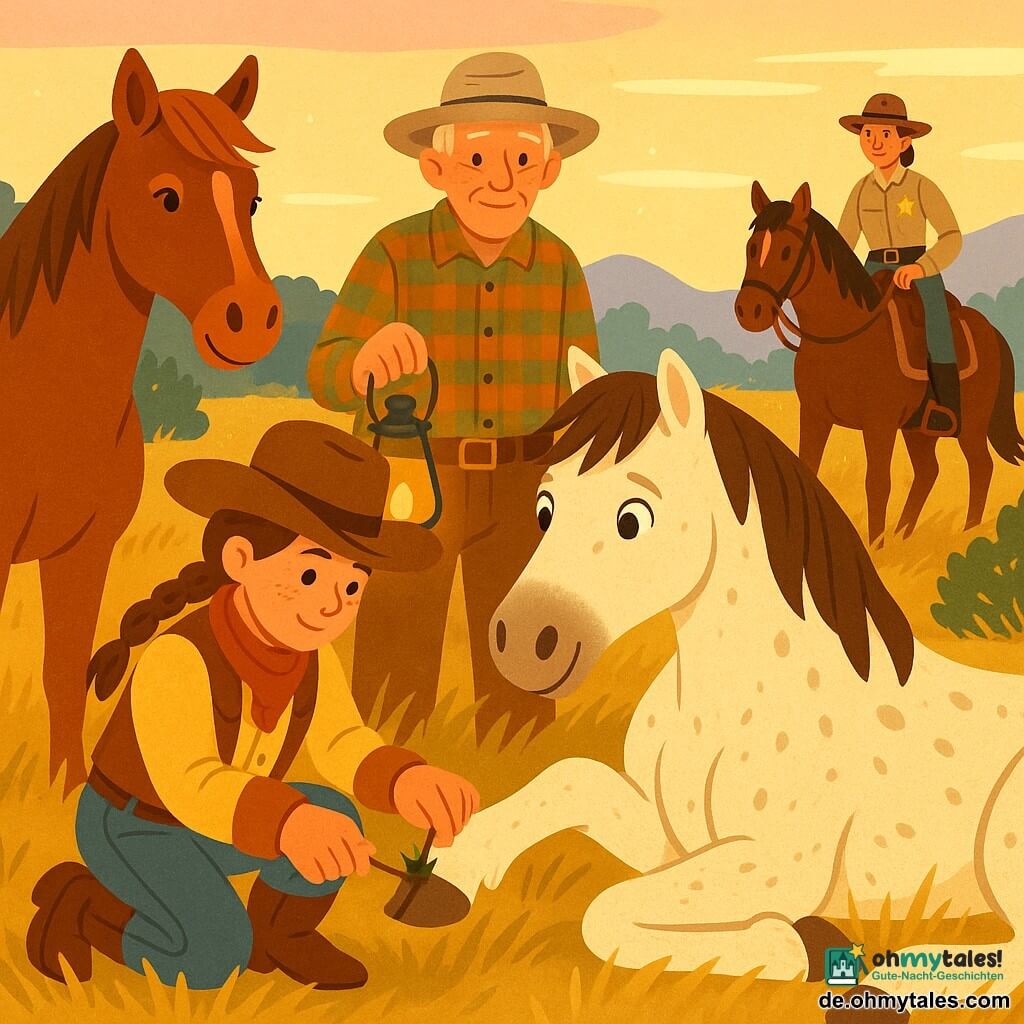 Mary-Joe ist eine Cowgirl-Frau mit rundem Gesicht, Sommersprossen und braidem Haar unter großem Hut; sie kniet und zieht einen großen Kaktusstachel aus einem verletzten Huf eines großen, staubbefleckten weißen Mustangs, der mit großen ängstlichen Augen im hohen Gras liegt und seinen Kopf sanft an Mary-Joes Schulter lehnt; Dusty, ein ruhiges fuchsfarbenes Pferd, steht daneben mit aufmerksamen Ohren; Sam, ein etwa 60-jähriger Mann mit faltigem Gesicht und kariertem Hemd, steht hinter Mary-Joe und hält eine Laterne; Sheriff Molly, eine etwa 35-jährige Frau in einfacher Uniform und rundem Hut, kommt rechts hinten zu Pferd und legt eine Hand an den Sattel; Schauplatz: Morgen in einer Prärie des Wilden Westens mit goldenen hohen Gräsern, Wacholderbüschen, rosagelbem Morgenhimmel und blauen Bergen am Horizont; zentrale Szene: Fürsorge und Vertrauen bei warmer Morgenbeleuchtung, Staubpartikel in der Luft, sanfte Schatten, ruhige präzise Gesten; Stil: kräftige Farben, klare Konturen, einfache kindliche Texturen, klare Komposition mit Mary-Joe und dem Mustang im Zentrum.