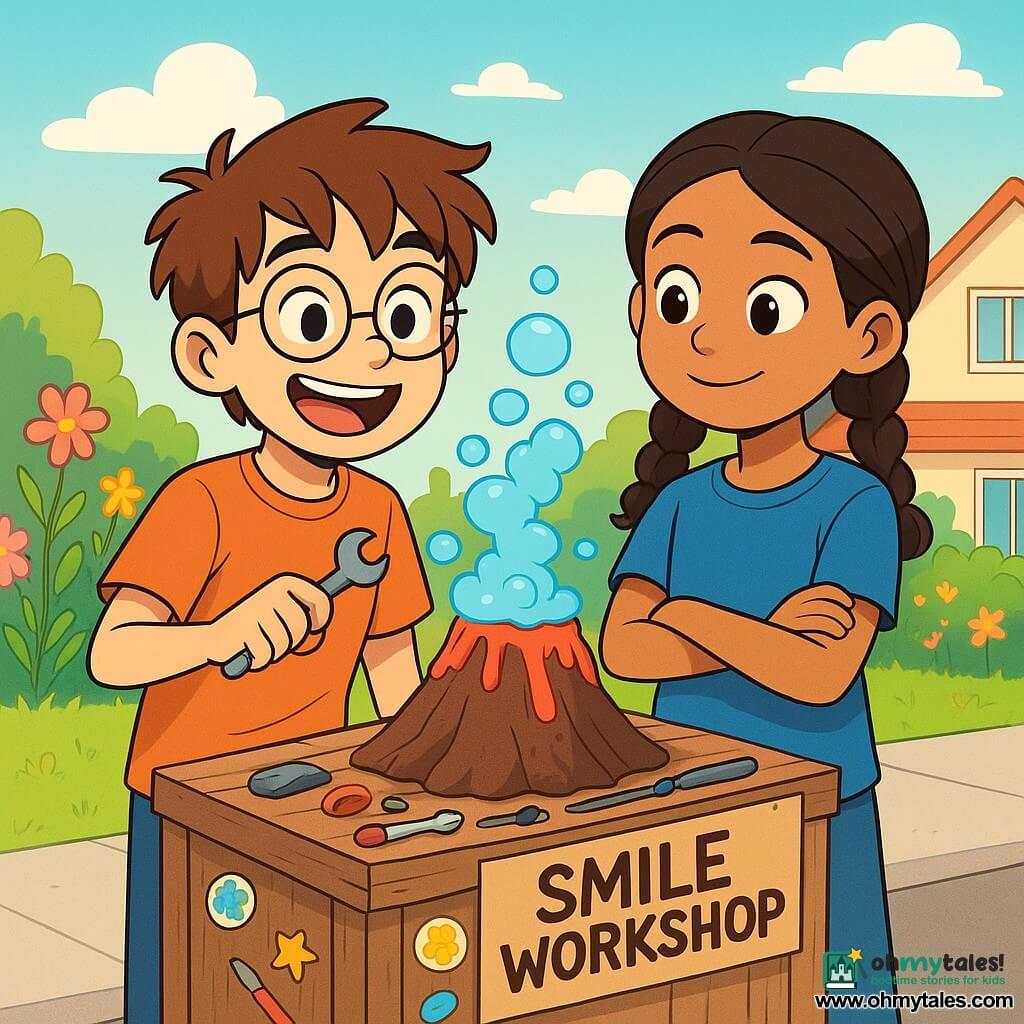 A 12-year-old boy, Max, with messy brown hair and round glasses, smiles enthusiastically, holding a small key-shaped tool in his hand. His face is lit up with determination and joy, his eyes sparkling with energy. Next to him, an 11-year-old girl, Jaya, with braided hair and a blue t-shirt, watches curiously with her arms crossed and a shy smile on her face, standing slightly back, ready to help. The scene takes place on a sunny sidewalk in front of a house with a flower garden, where colorful flowers sway gently in the breeze. An old wooden crate serves as a table for Max, scattered with crafting tools, fun stickers, and a cardboard sign reading "Smile Workshop." Max and Jaya are preparing a bubbling volcano experiment, with blue bubbles overflowing from a small paper cup, creating a joyful and playful atmosphere.