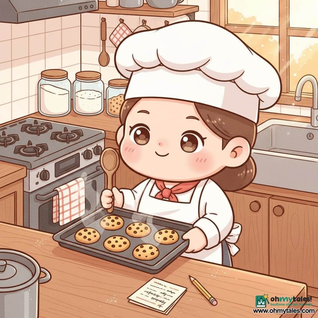 An adult female chef with a round face, gentle eyes and a calm, kind smile, wearing a round white toque and a slightly flour-dusted white apron, holds a wooden spoon and a tray of hot cookies while glancing at an open note with handwritten lines and a pencil on the table; no other people are present. The warm, compact kitchen has a stovetop, an oven slightly ajar, glass jars of flour, sugar and chocolate chips, a checkered tea towel and a smooth wooden countertop with golden light through a window. The main scene shows her removing a tray of golden cookies from the oven with light steam rising, slightly crisp edges and soft centers arranged in spaced rows; soft palette of cream, peach, golden yellow and chocolate brown, visible textures of powdered flour, polished wood and warm metal, slight top-down angle to show the tray and her expressive face, chibi kawaii style with cute proportions, big head, simple features, clean lines and a cozy, comforting atmosphere.