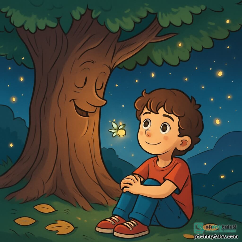 Um garoto de 12 anos, com cabelos castanhos e cacheados, olhos brilhantes e curiosos, está sentado aos pés de uma grande árvore antiga. Seu rosto expressa serenidade e admiração enquanto escuta atentamente uma história contada pela árvore. Ao seu lado, uma vaga-lume cintilante, pequena e luminosa, voa ao redor de sua cabeça, acrescentando um toque de magia à cena. A árvore, com seu tronco largo e folhas verdes, está cercada por vaga-lumes que dançam no ar, criando um espetáculo luminoso. O local é um vale pacífico, banhado pela suave luz da lua, com folhas douradas no chão e um céu estrelado ao fundo. A cena principal mostra o garoto imerso na escuta das histórias da árvore, cercado por vaga-lumes, em uma atmosfera calma e encantada, propícia ao relaxamento e aos sonhos.