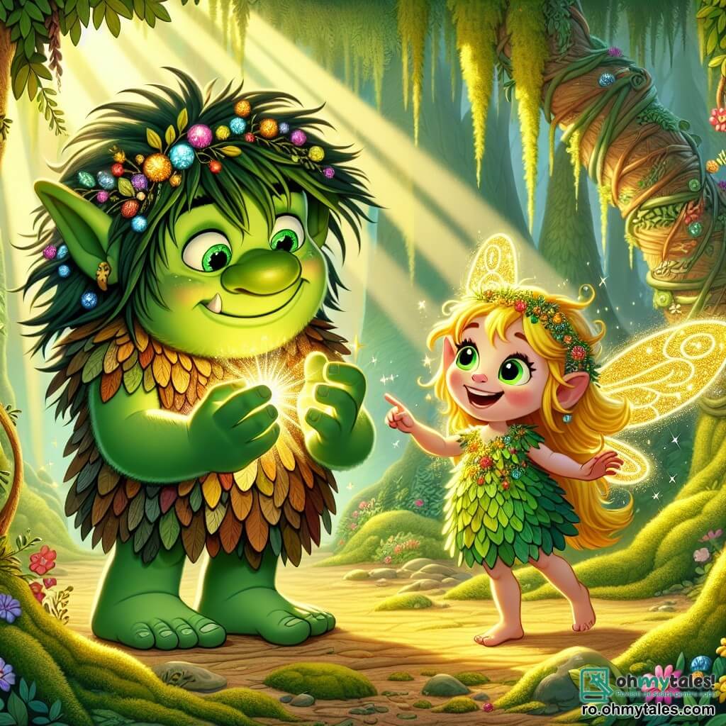 Într-o poiană fermecată, un ogre pe nume Olguța, cu o piele verde strălucitoare și ochi strălucitori ca smaraldul, stă în mijloc, afișând un zâmbet larg de hotărâre. Părul său dezordonat este împodobit cu flori colorate, iar el poartă o tunică din frunze împletite. Olguța atinge o sferă magică care strălucește intens, iluminându-i fața cu o strălucire caldă. Lângă el, un spiriduș pe nume Fifi, o fetiță cu părul auriu și aripi sclipitoare, zboară vesel în jurul lui. Ea poartă o rochie din petale de flori și are un zâmbet plin de entuziasm, în timp ce arată spre sfera magică. Scena se desfășoară într-o pădure magică, unde copacii impunători cu trunchiuri late sunt acoperiți cu mușchi verde, iar florile multicolore dansează în ritmul unei brize ușoare. Razele soarelui filtrează printre frunziș, creând modele luminoase pe solul acoperit cu frunze. Olguța și Fifi descoperă împreună sfera magică care are puterea de a salva pădurea lor, iar bucuria și hotărârea lor se împletesc cu uimirea locului, în timp ce se pregătesc să înfrunte magia care amenință lumea lor.