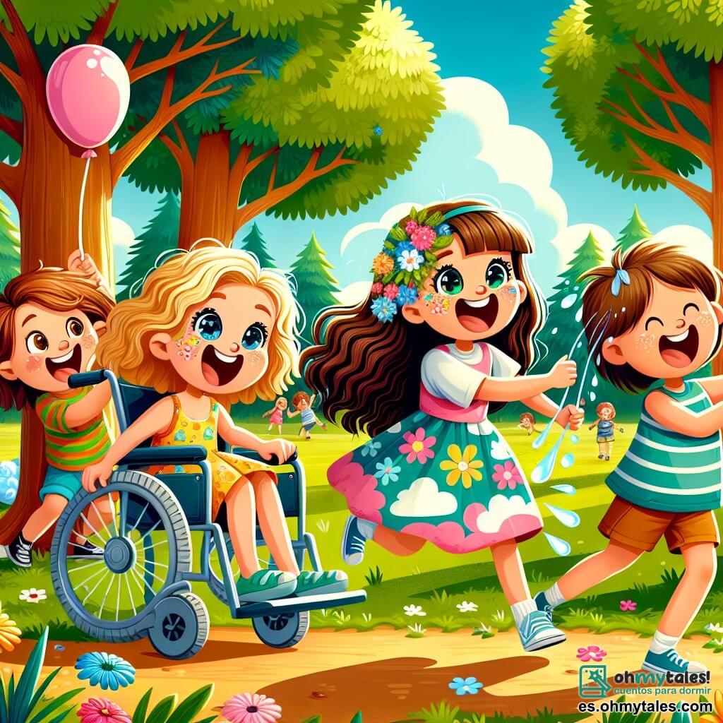 Cuatro amigas alegres están en un parque soleado, rodeadas de grandes árboles con hojas verdes brillantes. Clara (niña, 8 años) es rubia con ojos brillantes, se esconde detrás de un árbol riendo a carcajadas. Sofía (niña, 8 años) tiene cabello rizado y lanza un gran globo de agua, su rostro brilla de travesura. Valentina (niña, 8 años) tiene el cabello largo en una coleta, está a punto de lanzar otro globo de agua, su sonrisa traviesa ilumina su rostro. Lila (niña, 8 años) usa una bonita silla de ruedas decorada con flores, riendo y sosteniendo un globo de agua, lista para unirse a la batalla. El parque está lleno de risas y colores, con niños jugando, flores multicolores y un cielo azul claro. La escena principal muestra a las cuatro amigas en plena batalla de globos de agua, salpicando de alegría a sus nuevos amigos, mientras gotas de agua brillan al sol, creando una atmósfera de felicidad y camaradería.