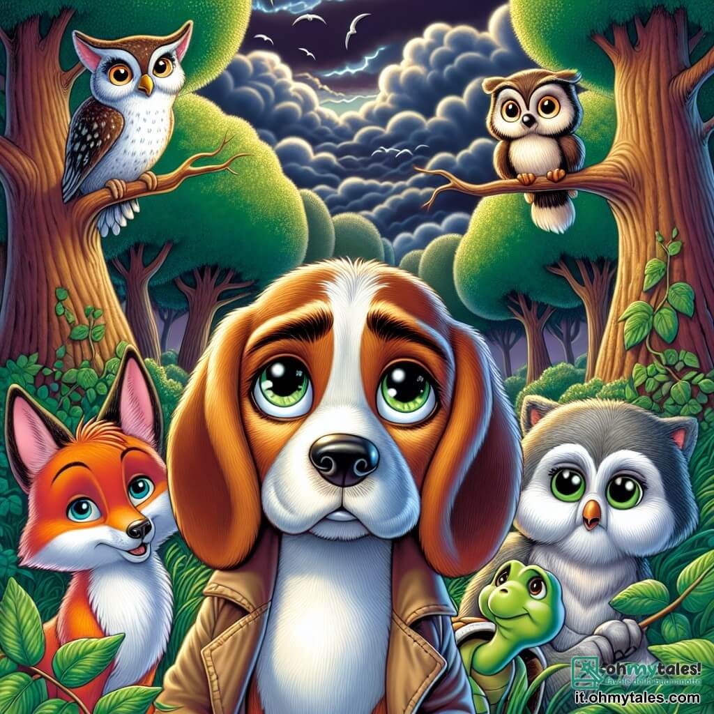 Rocco, un beagle dal pelo marrone e bianco, con grandi orecchie pendenti e occhi brillanti di determinazione, si trova coraggiosamente al centro della scena, pronto ad affrontare una tempesta. La sua espressione è seria ma rassicurante, dimostrando il suo impegno a proteggere i suoi amici. Accanto a lui, Lila, una volpe astuta con un pelo rosso splendente e occhi maliziosi, guarda Rocco con ammirazione, pronta a sostenerlo. Nino, un piccolo gufo dalle piume morbide e grandi occhi rotondi, è posato su un ramo, osservando la scena con saggezza e curiosità. Titti, una dolce tartaruga con un guscio verde brillante, si trova un po' in disparte, mostrando un'espressione di preoccupazione ma anche di fiducia in Rocco. Il luogo è un magnifico boschetto, con alberi maestosi dai tronchi spessi e foglie vibranti di verde nel vento. Il cielo è oscurato da nuvole minacciose, mentre una luce soffusa filtra tra i rami, creando un contrasto tra ombra e luce. La scena principale mostra Rocco e i suoi amici pronti ad affrontare una tempesta imminente, uniti nel loro coraggio e nella loro amicizia, pronti a trovare rifugio e superare insieme le sfide.