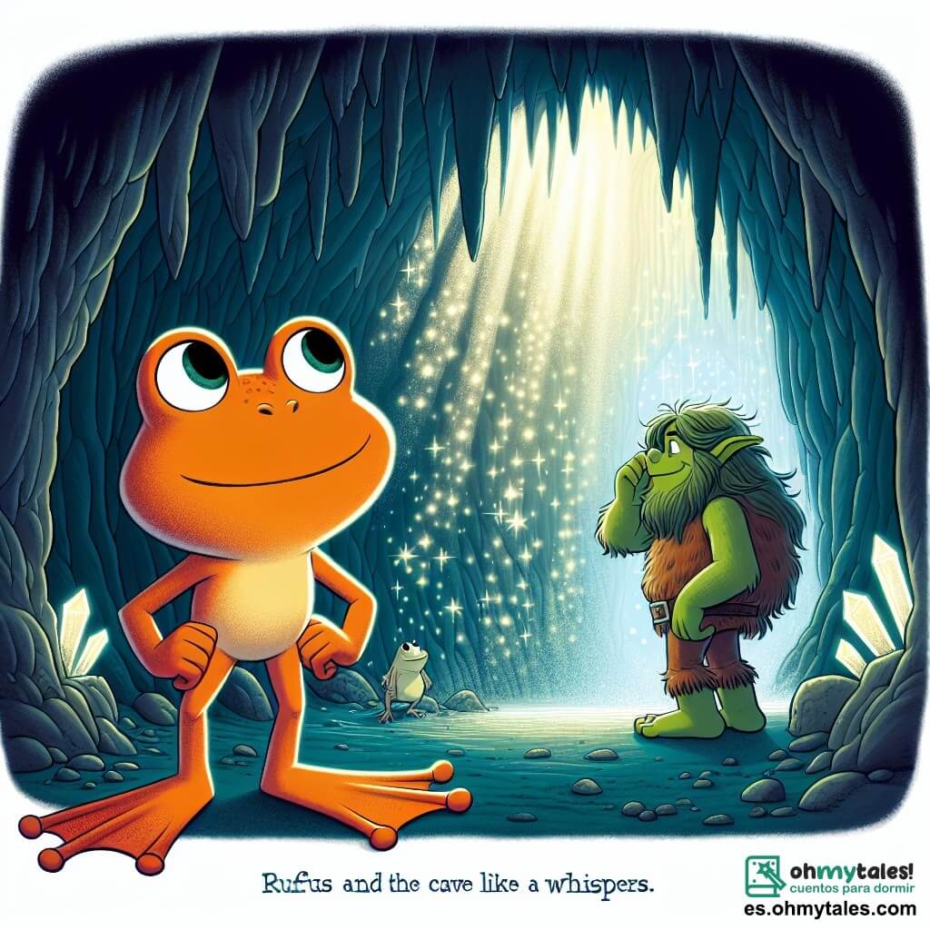 Rufus, un renacuajo de pelaje naranja brillante y ojos curiosos, se encuentra valientemente frente a la entrada de la Cueva de los Susurros, una caverna misteriosa con paredes brillantes y oscuras, donde los ecos resuenan como susurros. Muestra una expresión decidida, listo para enfrentar lo desconocido. A su lado, Grom, un gran troll de cabello desordenado y piel verde, mira a Rufus con asombro y admiración, rascándose la cabeza mientras sostiene el Corazón del Bosque, un objeto en forma de corazón que emite una luz suave. La caverna está iluminada por cristales brillantes que proyectan sombras danzantes en las paredes, creando una atmósfera mágica e intrigante. En esta escena, Rufus y Grom se preparan para comenzar una nueva aventura juntos, simbolizando la amistad y el coraje ante los desafíos.