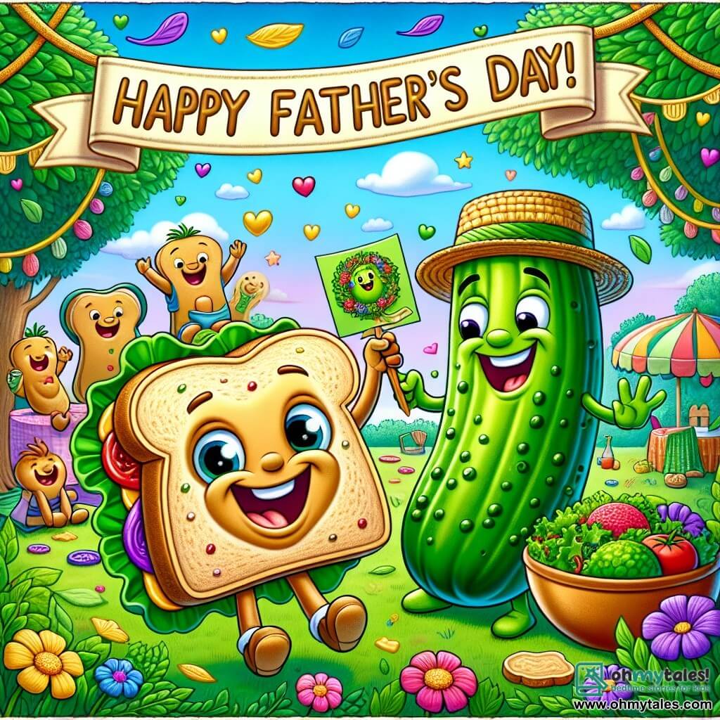 Sammy, a peanut butter and jelly sandwich with a golden crust and sparkling joyful eyes, is at the center of the image, jumping with happiness while holding a card made of leaves and flowers. Next to him, Papa Pickle, a big smiling pickle wearing a straw hat, looks at Sammy with proud shining eyes, holding a plate of delicious salads. In the background, the park is filled with colorful flowers, lush trees, and a bright blue sky, while a large sign decorated with garlands announces "Happy Father's Day." The scene shows Sammy and Papa Pickle surrounded by their friends, laughing and celebrating together, creating a joyful and festive atmosphere.