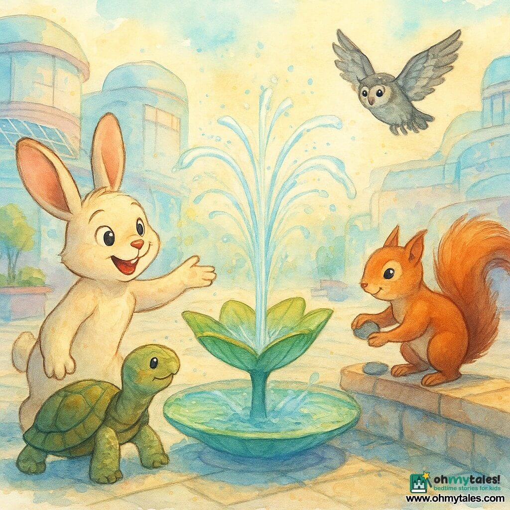 The main character is a small anthropomorphic rabbit with cream fur, bright curious eyes and an enthusiastic smile, reaching toward a fountain shaped like a large water lily leaf. Tilly the turtle stands nearby with a rough green-and-brown patterned shell and a calm, proud expression. Flick the squirrel perches on a low wall with shiny reddish fur, busy and clever, placing smooth pebbles around the fountain. Luna the owl hovers above with outstretched gray-and-white feathers, watching the scene. The setting is a soft futuristic urban square with smooth pale metallic cobbles, rounded glass-and-metal pastel buildings, integrated solar panels and potted plants. The scene focuses on the water-lily fountain spraying clear arcing water as laughing animal children gently splash, bathed in soft sunlight and a joyful, collaborative atmosphere.