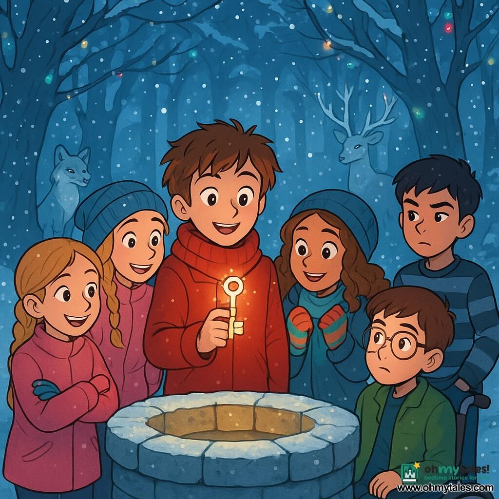 There are 5 children: - Oliver: a 12-year-old boy with tousled brown hair, wearing a thick red coat and a wool scarf. He stands in the center, holding a sparkling key in his hand. - Mia: a 12-year-old girl with long curly hair, wearing a blue hat and colorful gloves. She leans slightly towards Oliver, her eyes shining with excitement. - Rosie: a 12-year-old girl with golden braids and a bright smile, dressed in a pink coat. She is to the left of Oliver, arms crossed, eager to hear the rest of the story. - Sam: a 12-year-old boy with glasses and brown hair, sitting in his wheelchair, wearing a green jacket. He is to the right of Oliver, looking at the key with curiosity. - Jake: a 12-year-old boy with black hair and a striped sweater. He stands behind Sam, hands in pockets, wearing a skeptical but interested expression. The scene takes place in an enchanted forest, where majestic trees are covered in sparkling snow. Colorful lights shine on the branches, and magical creatures like silver foxes and deer with crystal antlers hide behind the trunks. In the center, an old stone well, surrounded by frost, emits a soft and mysterious glow. The main situation shows the children gathered around the well, their faces illuminated by the magic of the place. They are preparing to make a wish to save the spirit of Christmas, united in excitement and hope, as snow gently falls around them.